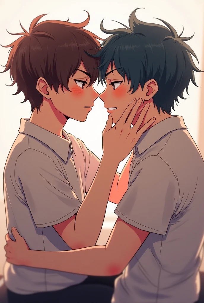 Black haired boy with green eyes having sex with another boy with black hair, light skin and black eyes