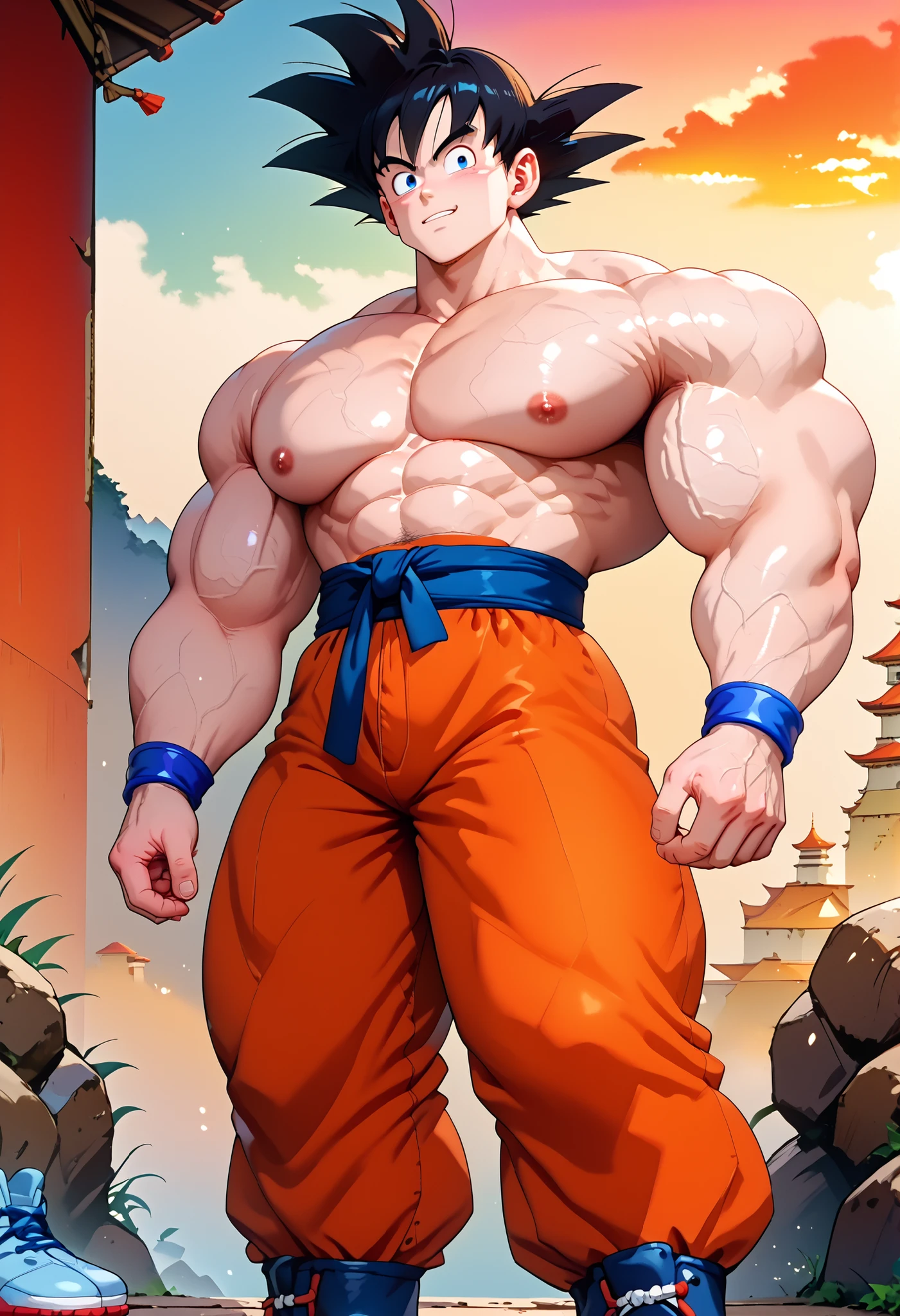 score_9, score_8_up, score_7_up, score_6_up, score_5_up, score_4_up BREAK pokkuti, anime screencap, (muscular:1.4), 1boy, solo, looking at viewer, black hair, Beige skin, (grin:0.7), Grey, blue eyes, outdoors, day, sunset, half-closed eyes, groping own pectorals, cocky, chesty pecs, busty pecs, full-bosomed pecs, shapely pecs, curvaceous pecs, voluptuous pecs, big-pecced, (((goku, shirtless, orange pants, blue footwear, blue sash, blue bracelets, massive pecs, pectoral focus, muscle, muscle growth, pecs shot, hard nipples, erect nipples, bara, veins, veins in the chest, close up chest, pecs shot)))),, muscular male , pectoral muscles , big nipples , oversized pectoral muscles , exaggerated pectoral muscles , body exposure , cute , male , abs , big chest , (huge chest: 1 . 65), shirtless , focus on boy and chest , view from below, NSFW , anime muscles , bangs , best quality , amazing quality , best aesthetic , absurdres
