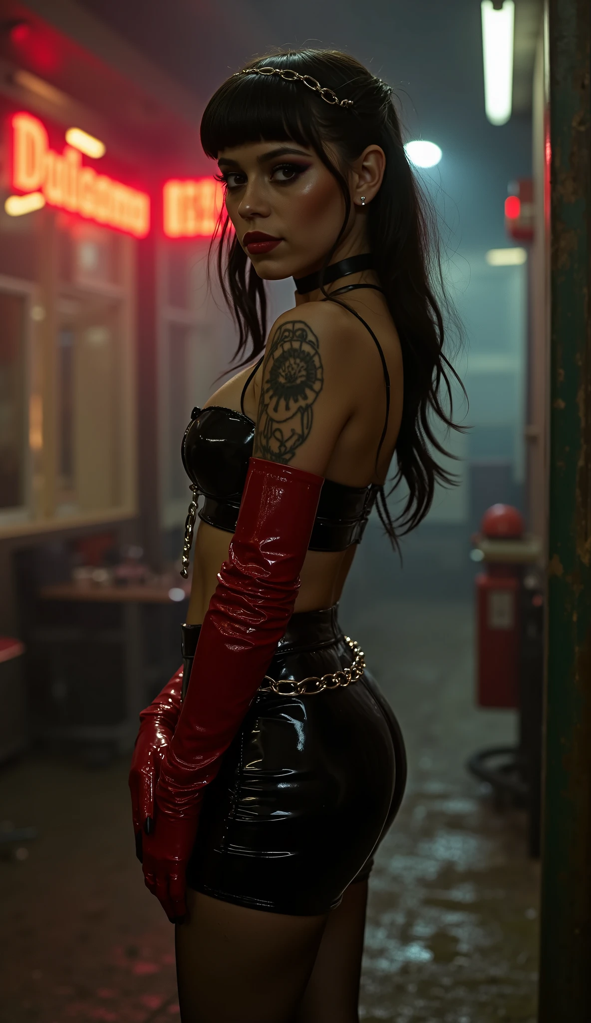 (((mid body shot))), (((DUTCH angle))), beautiful girl , WEARING long red latex gloves, gloves that go up to the shoulders, black fitted latex mini skirt, latex black STOCKINGS,she is gracious, woman, choker, restrained in heavy metal chains, in a workshop garage, She is shy,dark red lips, heavy make up, black choker with a ring, long eyelash, rosy cheeks, thin eyebrows, standing in a street corner outside a café, night time. spooky, fog and mist in the street, intricate cafe and street lighting, dramatic lighting, handschuhe garter, mid body picture, seductive mood, always smiling and looking to the viewer