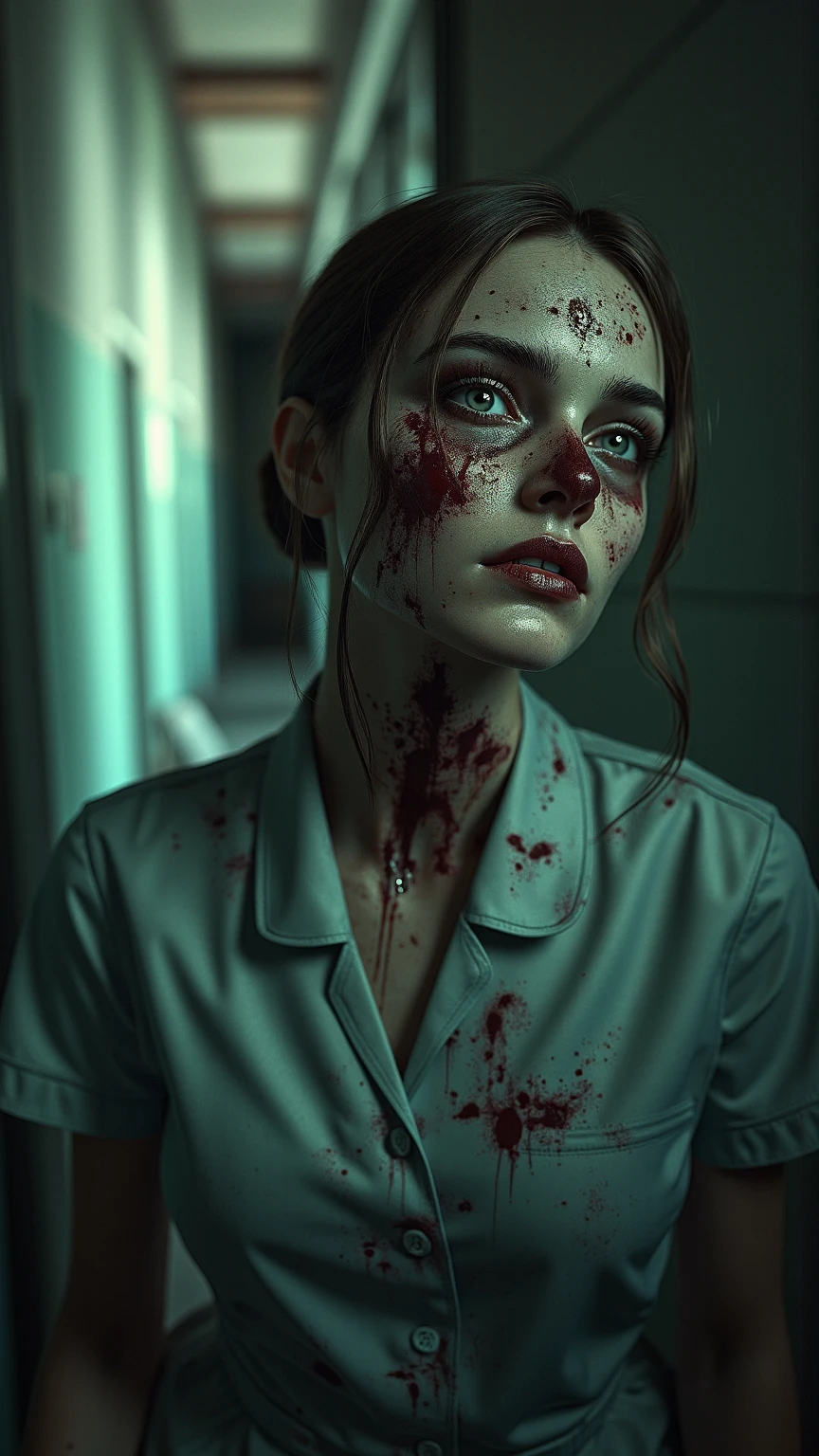a dark twisted silent hill nurse, beautiful detailed eyes, beautiful detailed lips, extremely detailed face and skin, long eyelashes, sinister expression, tattered bloody nurse uniform, hospital gown, medical equipment, ominous lighting, dark shadows, gritty industrial setting, horror atmosphere, moody color palette, dramatic chiaroscuro lighting, (best quality, 4K, 8K, highres, masterpiece:1.2), ultra-detailed, (realistic, photorealistic, photo-realistic:1.37), highly detailed, cinematic, dramatic composition squat pose、Shaved pussy exposed