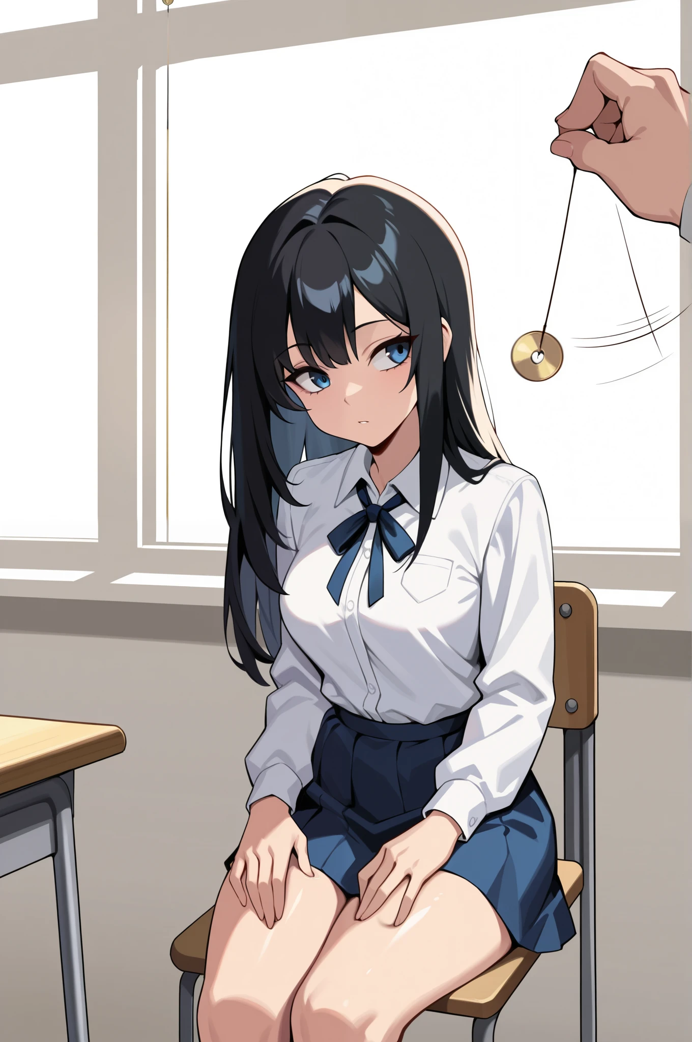 (masterpiece, ultra high definition, 16k, RAW photo, intricate), sharp focus, crisp details, 1girl , black hair, long hair, Neat hair, shiny hair, blue eyes, medium breasts, school uniform, white shirt, blue neck ribbon, blue skirt, (One Pendulum , Pendulum before her face:1.5), (Swinging pendulum, another person's hand holds the pendulum), motion line, motion Effect, (The girl stares straight at the pendulum), Classroom at a School with No One, school chair, sitting chair, (straight posture), place your hands on your thighs, (cowboy shot), blur the background, simple background