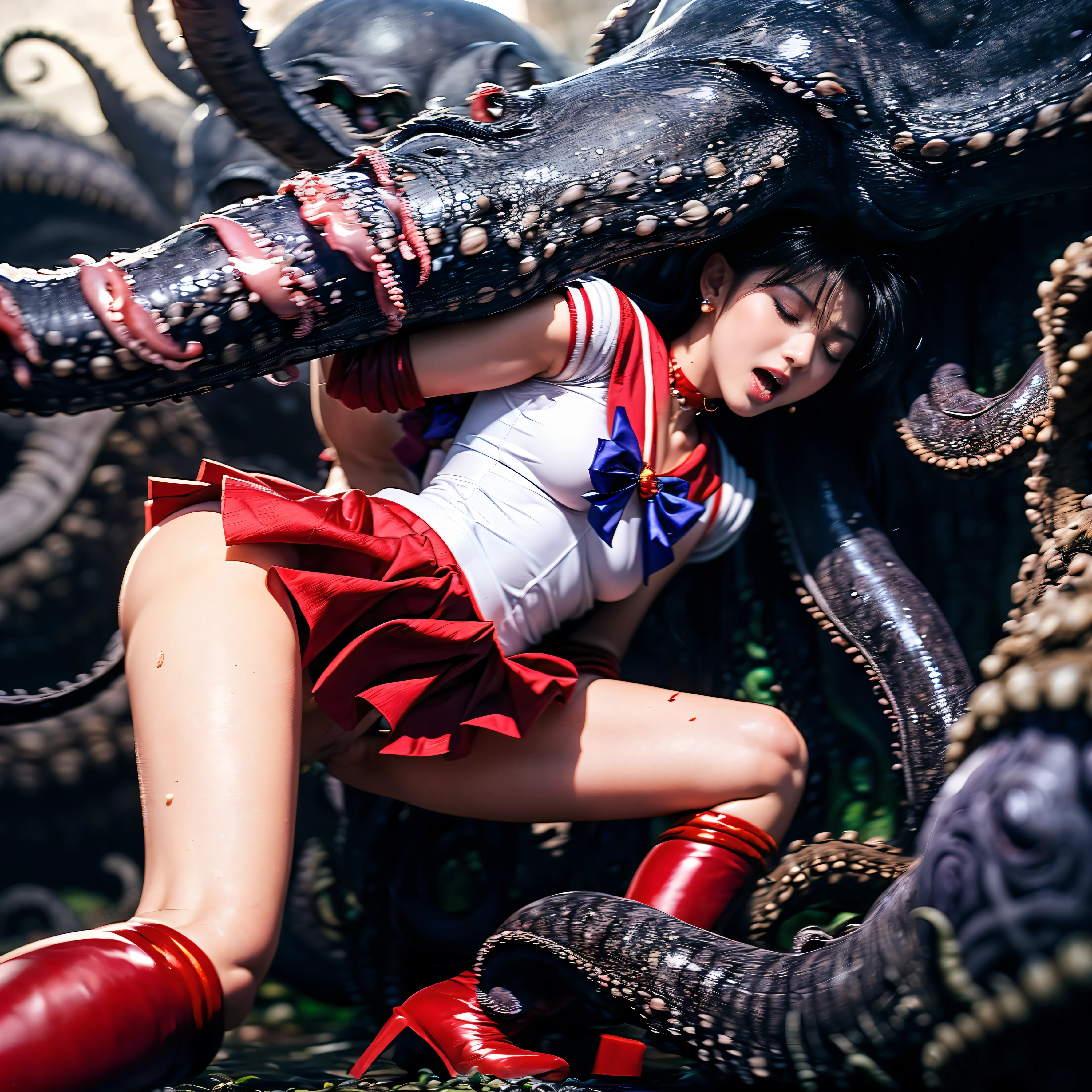 (The 8k quality, Ultra-high resolution quality, Ultra high definition, Photorealistic, Best Quality):5.5, (master piece):5.0, (no nsfw, (tentacle attack, tentacle wrapped body), The extreme oily skin Kraken uses its many legs to wrap around sailor mars's body violently. (depiction of rape by KRAKEN):1.5):15.0, (camera angle from below view):7.0, (Beautifully shaped sailor mars fighting KRAKEN, sama1, tiara, (sailor senshi uniform, red sailor collar, bow, knee boots, choker, white gloves, red choker, elbow gloves, jewelry, earrings, red skirt, white pantie), a little smaller breasts, bending backward, kneeling, medium build, medium height):15.0, (sailor mars's body bound by many Kraken legs):10.0, (closed eyes, screaming expression face):5.0, (Deck of an abandoned ship):4.0,