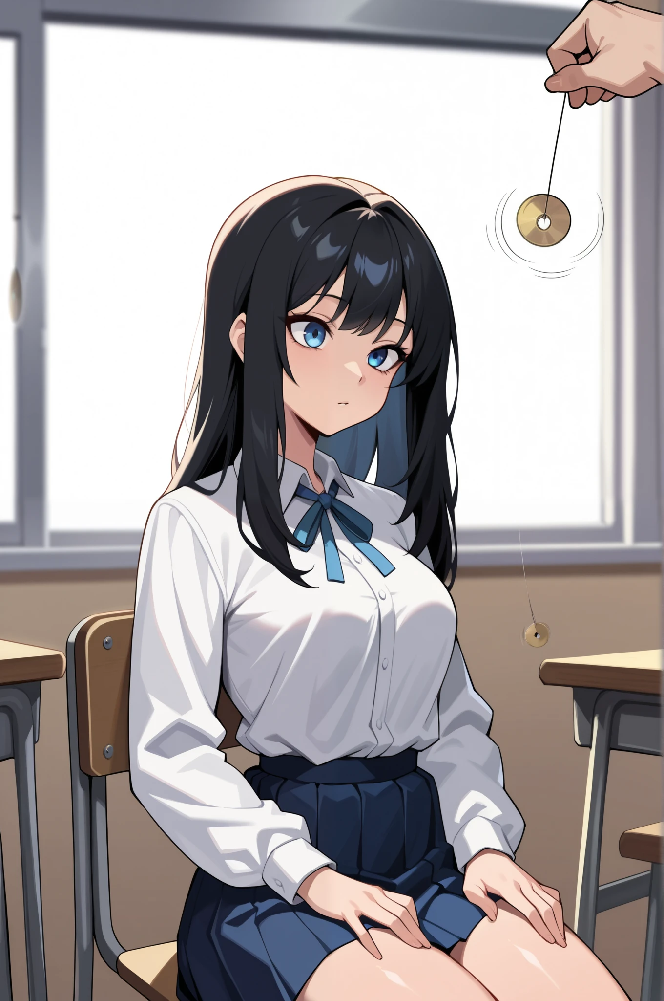 (masterpiece, ultra high definition, 16k, RAW photo, intricate), sharp focus, crisp details, 1girl , black hair, long hair, Neat hair, shiny hair, blue eyes, medium breasts, school uniform, white shirt, blue neck ribbon, blue skirt, (One Pendulum , Pendulum before her face:1.5), (Swinging pendulum, another person's hand holds the pendulum), motion line, motion Effect, (The girl stares straight at the pendulum), Classroom at a School with No One, school chair, sitting chair, (straight posture), place your hands on your thighs, (cowboy shot), blur the background