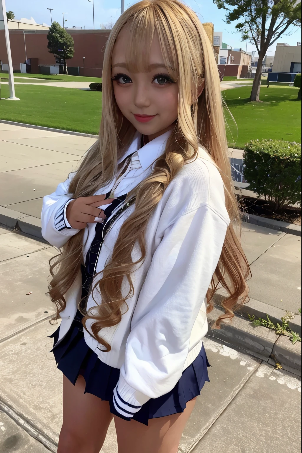 school grounds、A cute blond high school girl is standing、uniform、smiling、curly hair、 false eyelashes、Nail