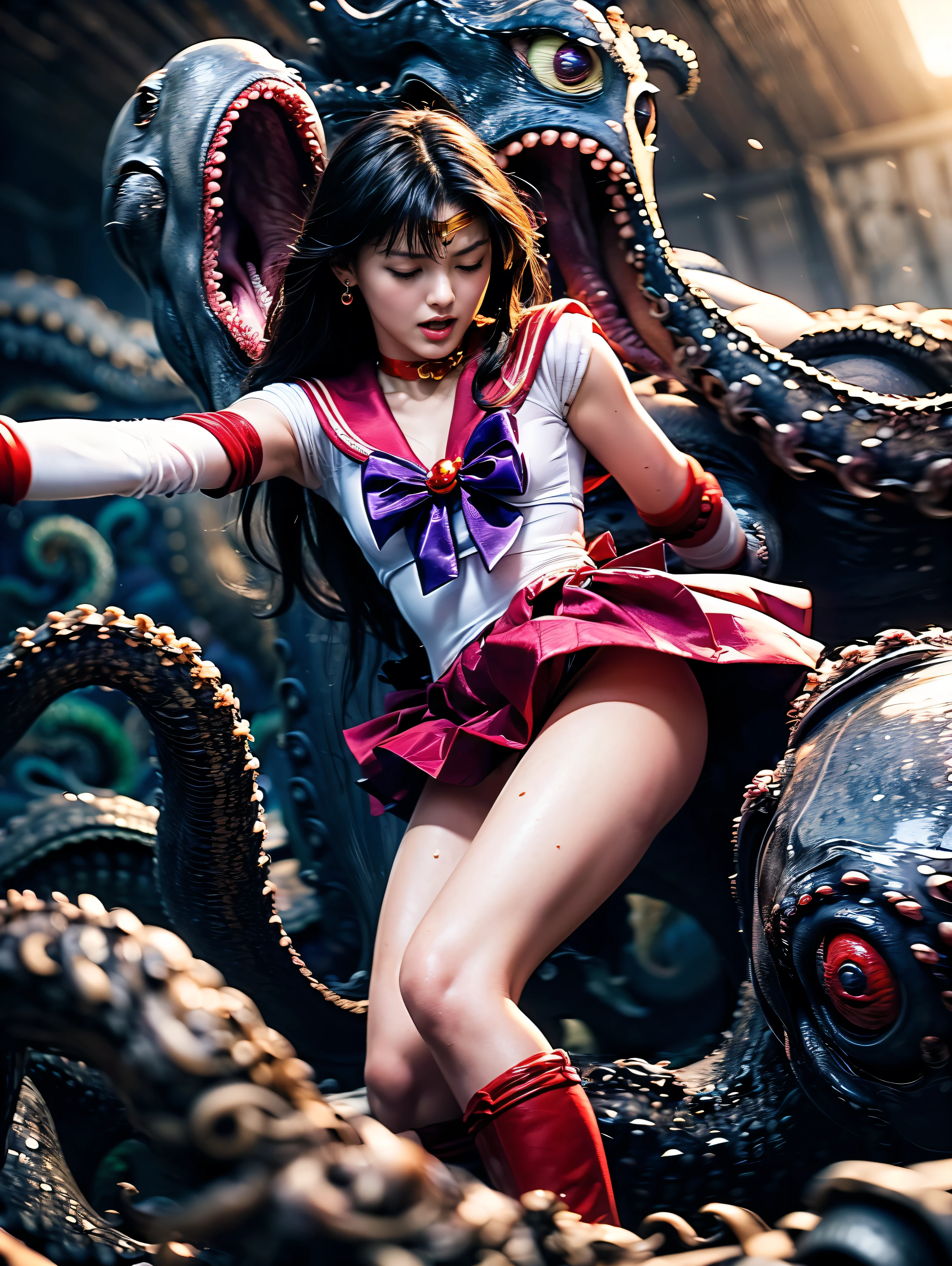 (The 8k quality, Ultra-high resolution quality, Ultra high definition, Photorealistic, Best Quality):5.5, (master piece):5.0, (no nsfw, (tentacle attack, tentacle wrapped body), The extreme oily skin Kraken uses its many legs to wrap around sailor mars's body violently. (depiction of rape by KRAKEN):1.5):15.0, (camera angle from below view):7.0, (Beautifully shaped sailor mars fighting KRAKEN, sama1, tiara, (sailor senshi uniform, red sailor collar, bow, knee boots, choker, white gloves, red choker, elbow gloves, jewelry, earrings, red skirt, white pantie), a little smaller breasts, bending backward, kneeling, medium build, medium height):15.0, (sailor mars's body bound by many Kraken legs):10.0, (closed eyes, screaming expression face):5.0, (Deck of an abandoned ship):4.0,