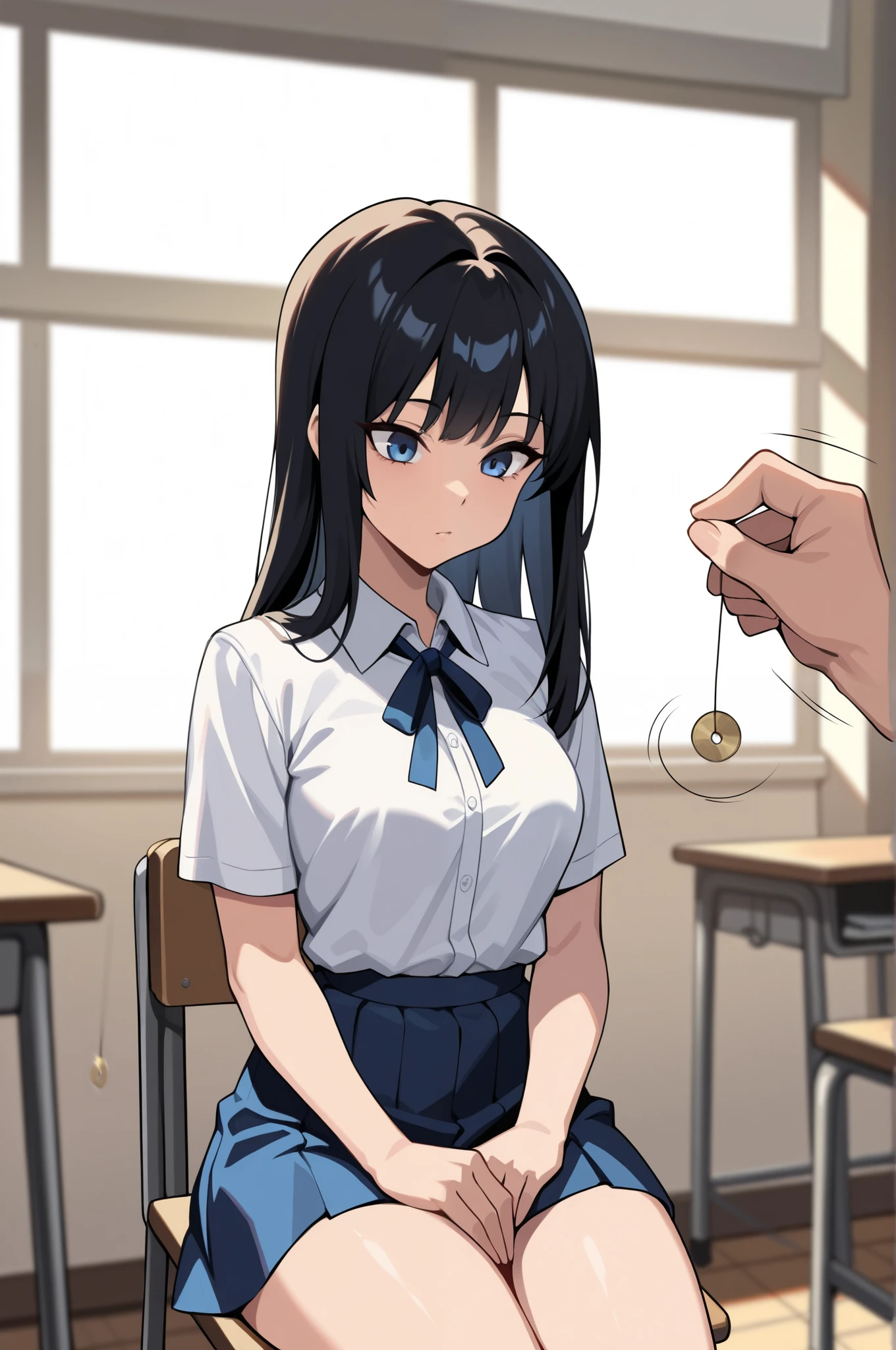 (masterpiece, ultra high definition, 16k, RAW photo, intricate), sharp focus, crisp details, 1girl , long hair, glossy straight black hair, silky smooth straight hair, blue eyes, medium breasts, school uniform, white shirt, blue neck ribbon, blue skirt, (One Pendulum , Pendulum before her face:1.5), (Swinging pendulum, another person's hand holds the pendulum), motion line, motion Effect, (The girl stares straight at the pendulum), Classroom at a School with No One, school chair, sitting chair, (straight posture), place your hands on your thighs, (cowboy shot), blur the background