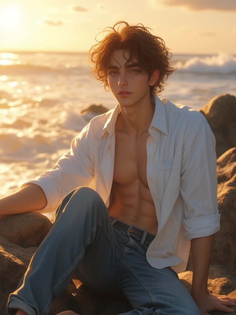 (cute and charming guy:1.3), with curly hair, enjoying a refreshing popsicle, relaxing on a sandy beach under a swaying palm tree, radiating a playful smile while glancing at his phone.
