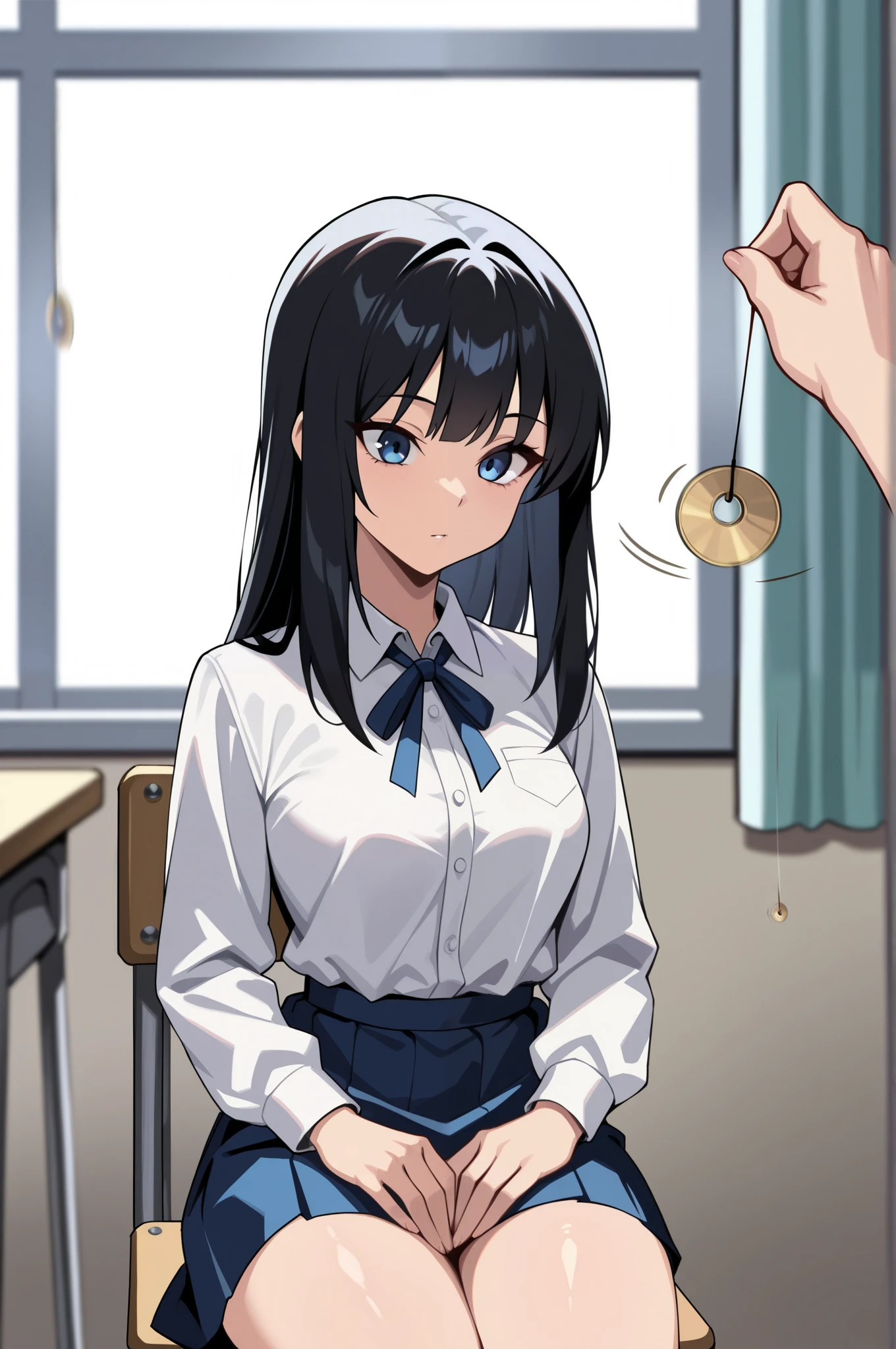 (masterpiece, ultra high definition, 16k, RAW photo, intricate), sharp focus, crisp details, 1girl , long hair, glossy straight black hair, silky smooth straight hair, blue eyes, medium breasts, school uniform, white shirt, blue neck ribbon, blue skirt, (One Pendulum , Pendulum before her face:1.5), (Swinging pendulum, another person's hand holds the pendulum), motion line, motion Effect, (The girl stares straight at the pendulum), Classroom at a School with No One, school chair, sitting chair, (straight posture), place your hands on your thighs, (cowboy shot), blur the background