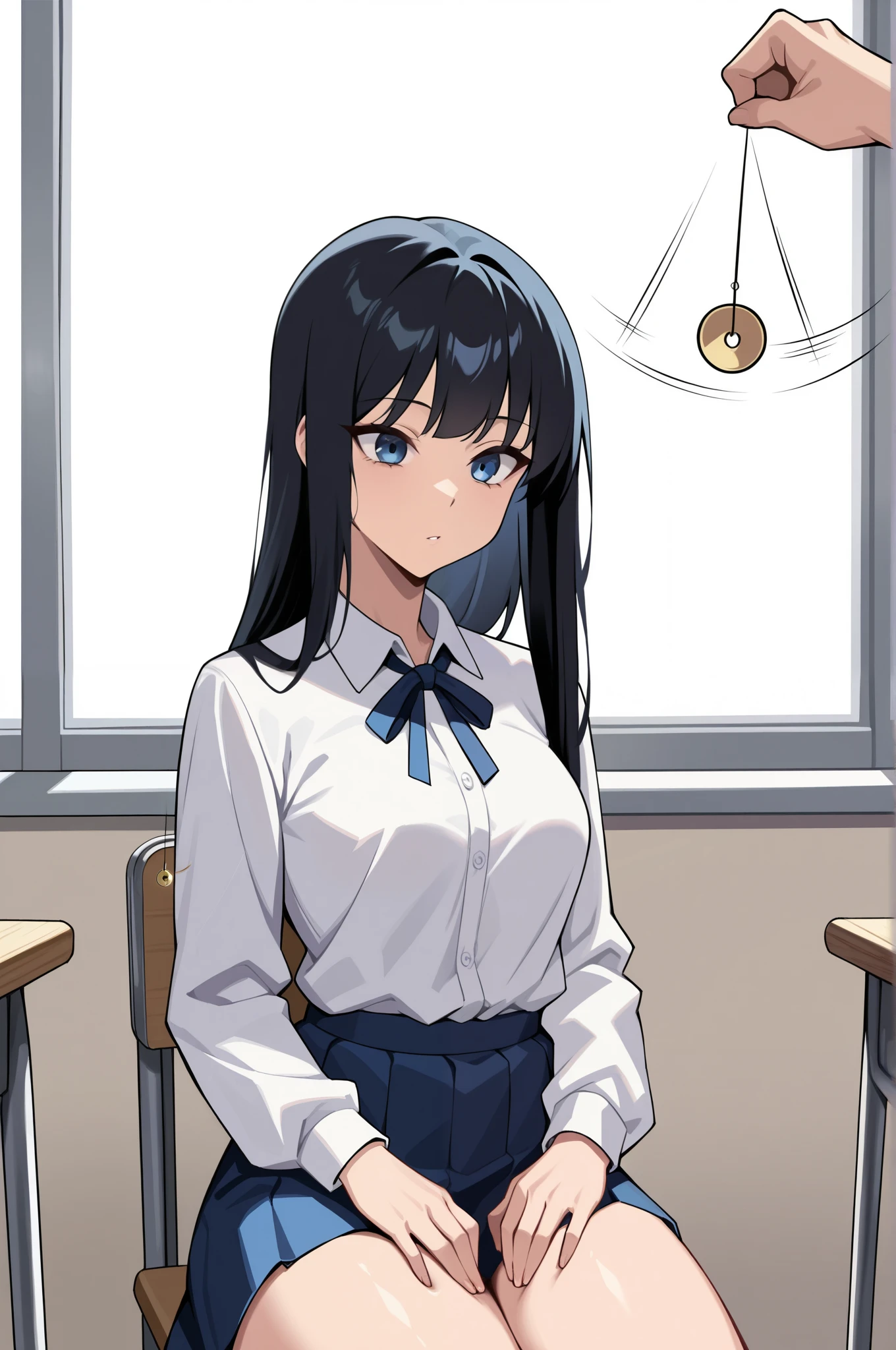 (masterpiece, ultra high definition, 16k, RAW photo, intricate), sharp focus, crisp details, 1girl , long hair, glossy straight black hair, silky smooth straight hair, blue eyes, medium breasts, school uniform, white shirt, blue neck ribbon, blue skirt, (One Pendulum , Pendulum before her face:1.5), (Swinging pendulum, another person's hand holds the pendulum), motion line, motion Effect, (The girl stares straight at the pendulum), Classroom at a School with No One, school chair, sitting chair, (straight posture), place your hands on your thighs, (cowboy shot), blur the background