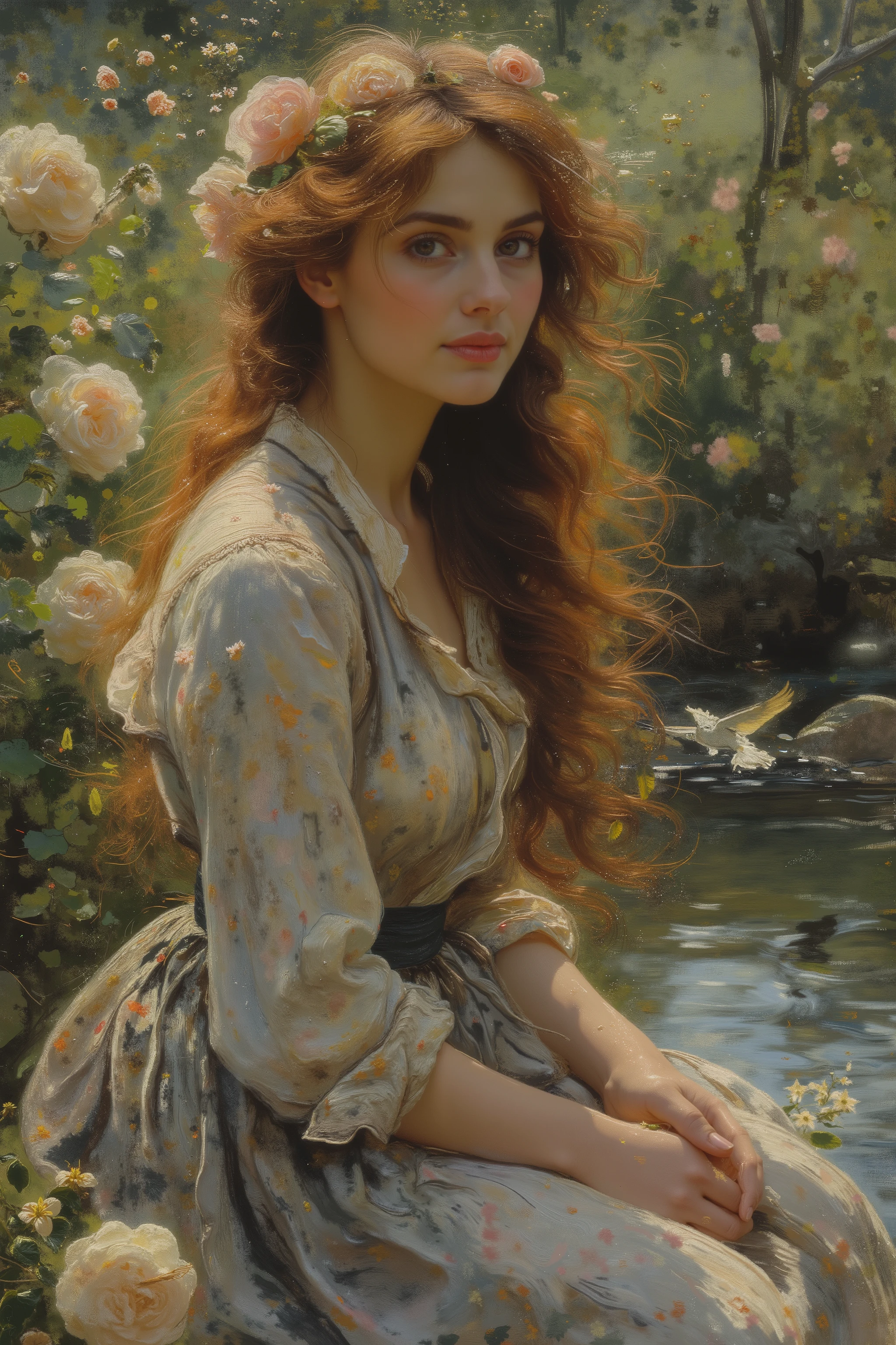 super detailed, masterpiece,best quality, full body show,Sitting by the stream,Beautiful Women, beautiful face,looking at the camera,white roses, shrubs,soft lighting, Romanticism ,Flowers,Bird,long flowing hair,4K,8k,high resolution, masterpiece,Super Fine,Realism,Photography-grade,HDR,UHD,major照明,ultra-fine painting, clearly focused,physical rendering,extreme detail description,major,bright color,Blur