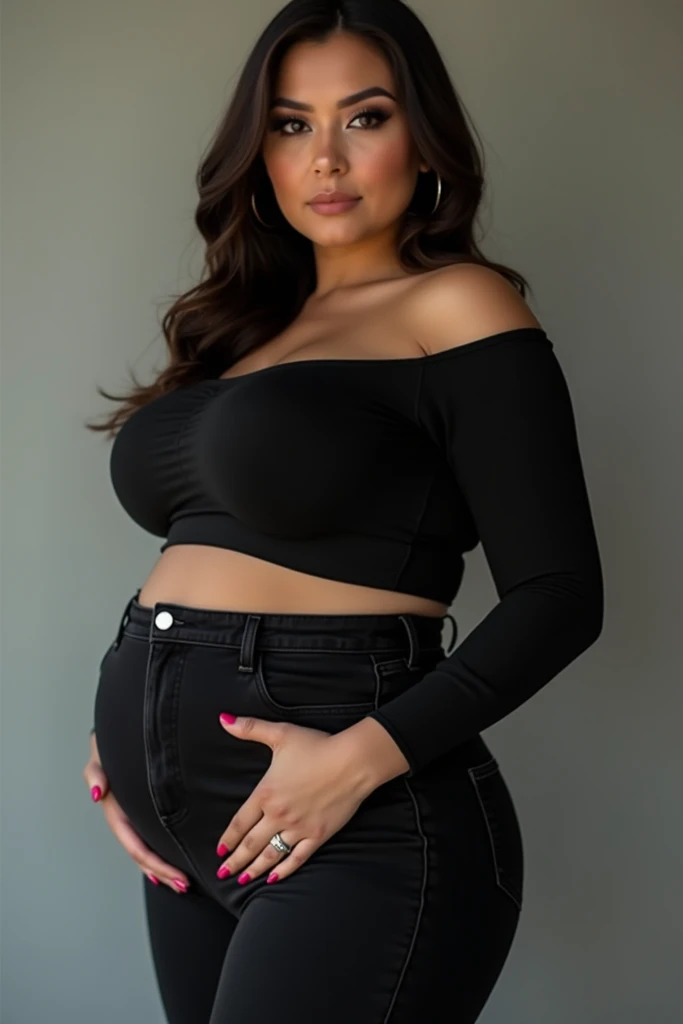 JennaOrtega Masterpiece, high quality, 4K, beautiful design, bright, pregnant, big pregnant belly, side, award-winning photo, extremely detailed, amazing, fine details, absurd, highly detailed, extremely detailed eyes and face, by lee jeffries nikon d850 film stock photography 4 kodak camera portra 400 lens f1.6 rich colors realistic texture hyper realistic dramatic lighting unrealengine trend in artstation cinestill 800 tungsten, 1girl, solo, expressive look, (smiling seductively, puffy lips) HDR, high quality, sexy dress, sharp focus, looking in the viewer, facing the viewer, 4k, beautifully detailed emerald green eyes, a woman in a short top (((black))) standing in front of a wall, short top, wearing a short black top, full body,