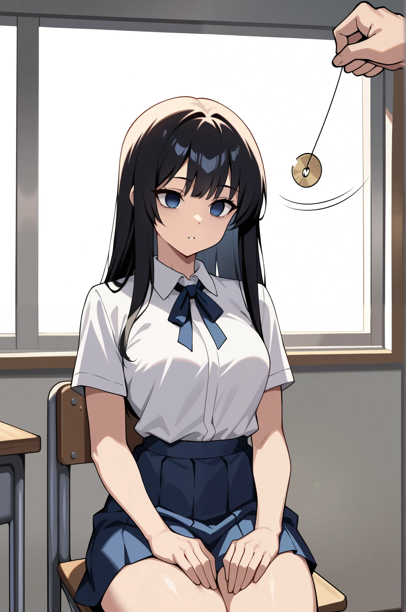 (masterpiece, ultra high definition, 16k, RAW photo, intricate), sharp focus, crisp details, 1girl , long hair, glossy straight black hair, silky smooth straight hair, blue eyes, medium breasts, school uniform, white shirt, blue neck ribbon, blue skirt, (One Pendulum , Pendulum before her face:1.5), (Swinging pendulum, another person's hand holds the pendulum), motion line, motion Effect, (The girl stares straight at the pendulum), Classroom at a School with No One, school chair, sitting chair, (straight posture), place your hands on your thighs, empty eyes, (cowboy shot), blur the background
