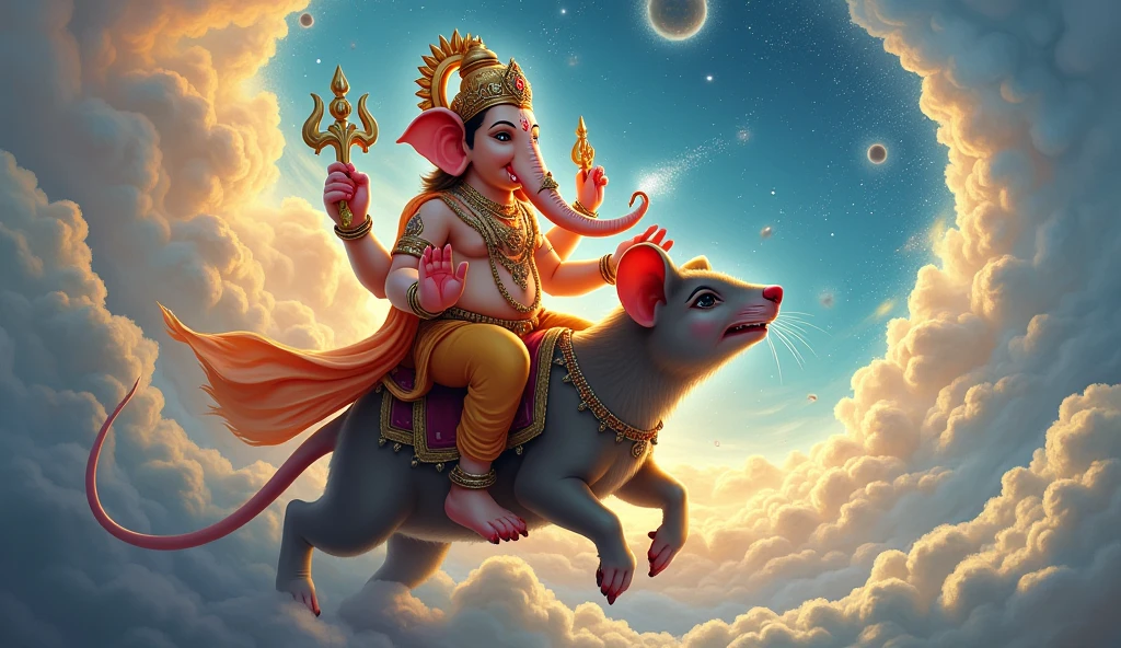 Image of beautiful chariot pulled by mouse of ganpati coming from heaven to earth