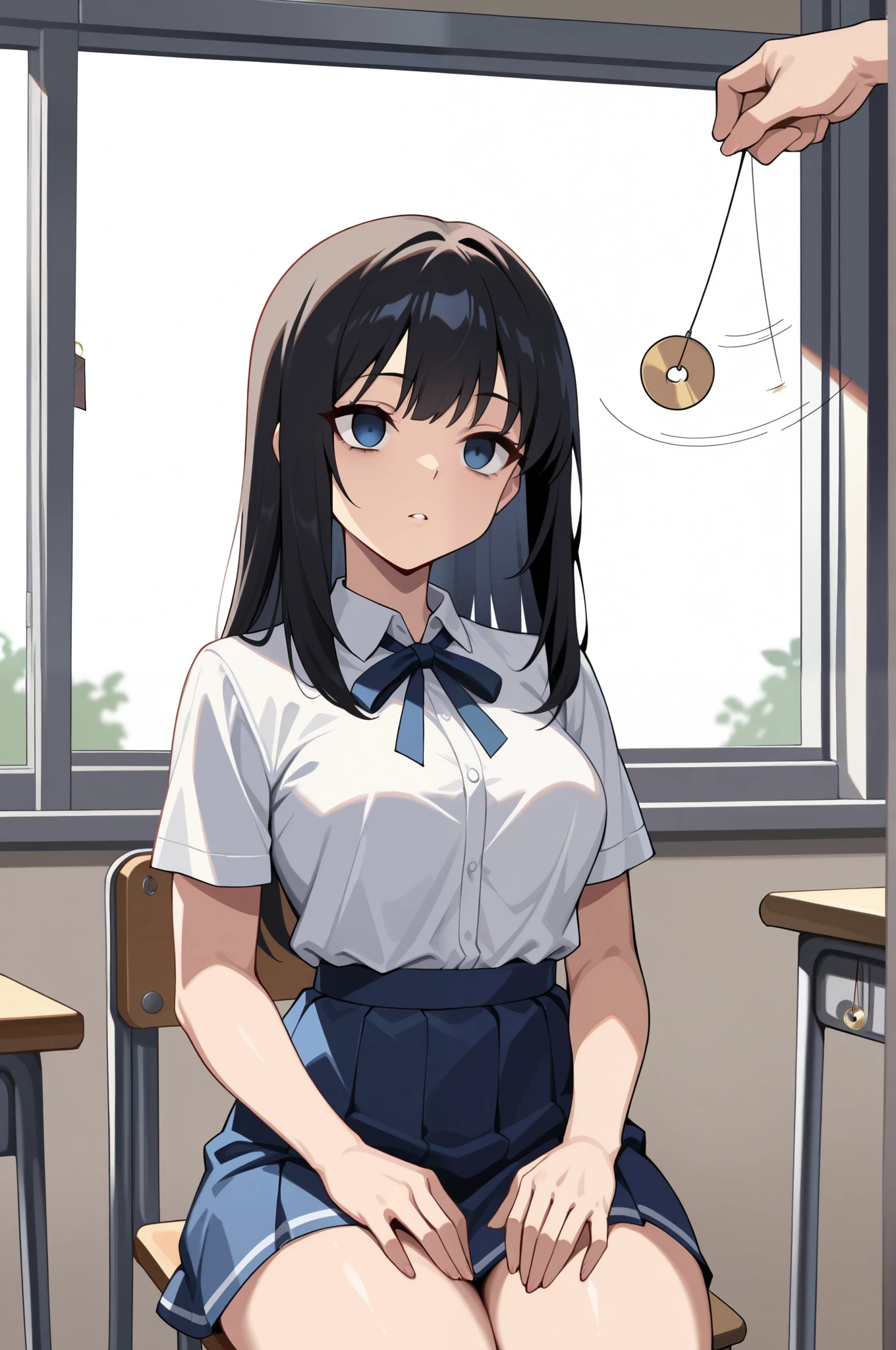 (masterpiece, ultra high definition, 16k, RAW photo, intricate), sharp focus, crisp details, 1girl , long hair, glossy straight black hair, silky smooth straight hair, blue eyes, medium breasts, school uniform, white shirt, blue neck ribbon, blue skirt, (One Pendulum , Pendulum before her face:1.5), (Swinging pendulum, another person's hand holds the pendulum), motion line, motion Effect, (The girl stares straight at the pendulum), Classroom at a School with No One, school chair, sitting chair, (straight posture), place your hands on your thighs, empty eyes, (cowboy shot), blur the background