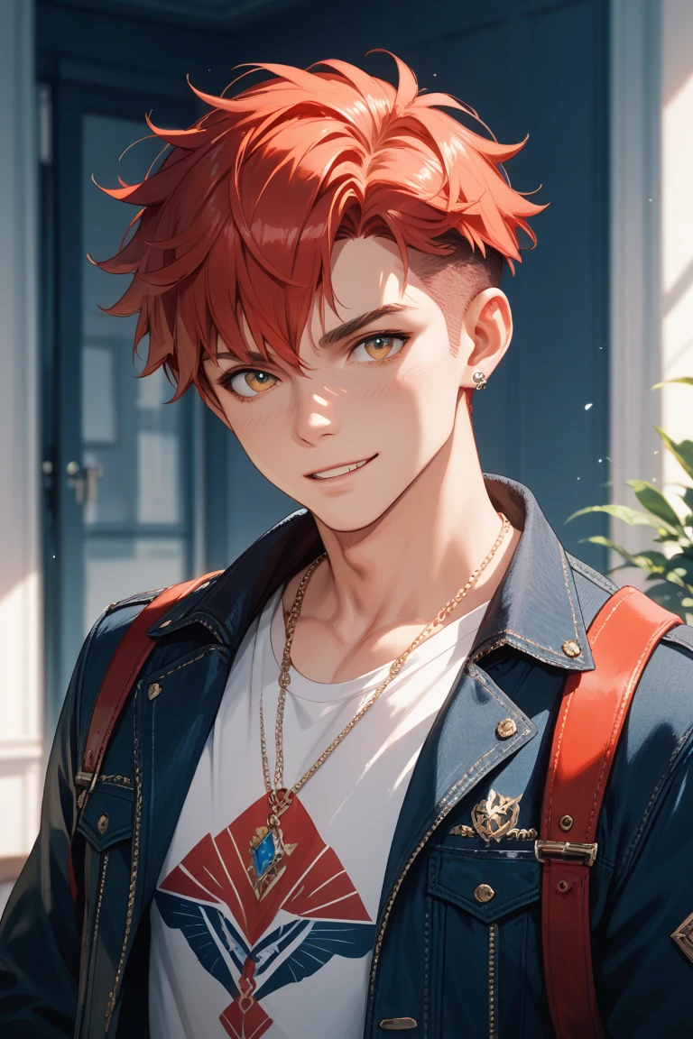 Masterpiece, (1boy:1.5), A young boy with white skin, short red hair, anime hair, hair up, straight hair, red hair hair, wavy hair, slin body, fitness body, strong body, raining, clouds, psychopath look, smiling psychopath, black clothes (black jacket and black jeans), sharp teeth, maniac face expression, detailed picture background, detailed face, detailed hair and skin, detailed hands, detailed teeth