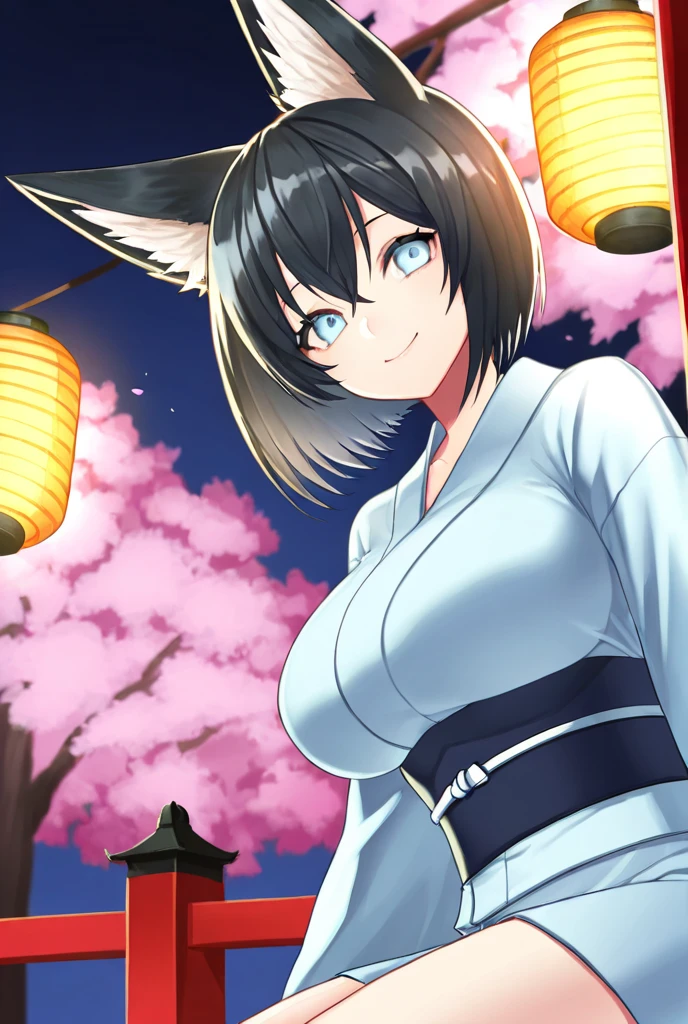(masterpiece:1.2), (best quality:1.2), ((ultra-detailed:1.1)), (perfect eyes), (cute face), blush, (parted lips, smile), (five finger:1.5) (highres, high quality:1.3), intricate details, 1foxgirl , fox ears, (own fox tail:1.3) onsen, blush, naughty face, (black hair), (red eyes), medium hair, lipstick, night sky, voluptuous, steam, (yukata), nsfw (standing side), (medium breasts), (puffy nipples:1.4), breasts out clothes, detailed hair, curvy body, <lora:GoodHands-beta2:1.4>, neck, (clavicle:1.3), (bare shoulders:1.4), (collarbone:1.5), (arms side:1.3), (round breasts), outdoors,
