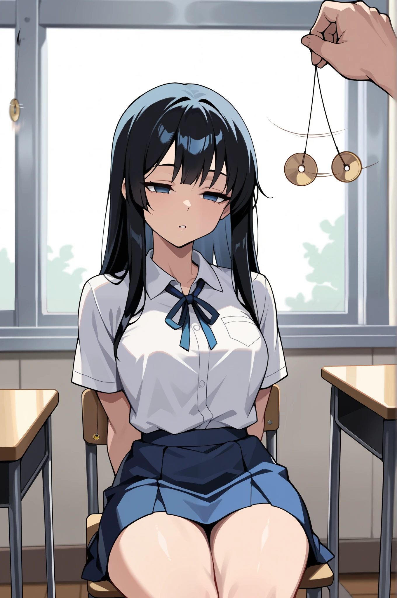 (masterpiece, ultra high definition, 16k, RAW photo, intricate), sharp focus, crisp details, 1girl , long hair, glossy straight black hair, silky smooth straight hair, blue eyes, medium breasts, school uniform, white shirt, blue neck ribbon, blue skirt, (One Pendulum , Pendulum before her face:1.5), (Swinging pendulum, another person's hand holds the pendulum), motion line, motion Effect, (The girl stares straight at the pendulum), Classroom at a School with No One, school chair, sitting chair, reclining, arms behind back, no pupils, half closed eyes, Sleepy eyes, (cowboy shot), blur the background