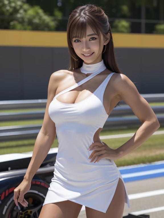 (((One Shoulder Grid Girl Costume))),(((Showing cleavage))),(((Miniskirt lift))),(((Exposing the inner thighs))),(((Formula One car unveiled))),Urzan-6500-v1.1, (RAW Photos:1.2), (Realistic:1.4), Beautiful detailed girl, Very detailed目と顔, Beautiful details, Very detailedな, High resolution, Highest quality, masterpiece, Very detailed, 8k wallpaper, wonderful, In detail, Highest quality, Light on the face,Light,One Girl,(Auto Racing Track),Beautiful Eyes,smile,