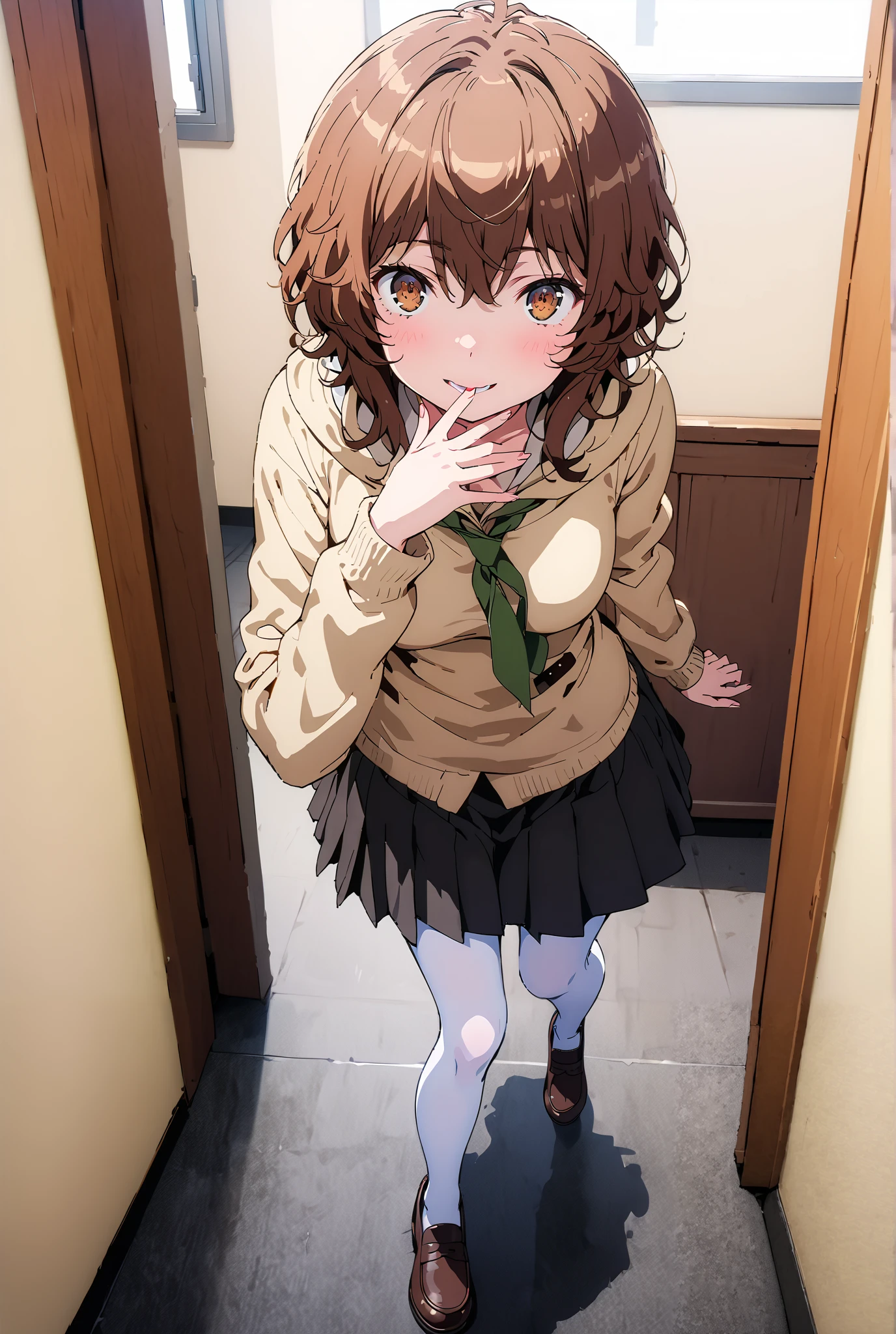 Liliru Card, Lilylka Alde, brown eyes, black cock, smile,cover,opens her mouth,short hair,White shirt,green 弓tie, yellow cardigan , black mini pleated skirt ,white pantyhose as if it were in the illustration,loafers,is walking,Beautiful cityscape,Beautiful Scenery,noon,full bodyかイラストに入るように,break indoors, School hallway ,
break looking at viewer,full body,
break (masterpiece:1.2),best quality , kampala, Unity 8K Wallpaper ,(shape:0.8),( fine, beautiful eyes :1.6),It's a person ,full body写真,CG Details , (perfect hands,complete anatomy),