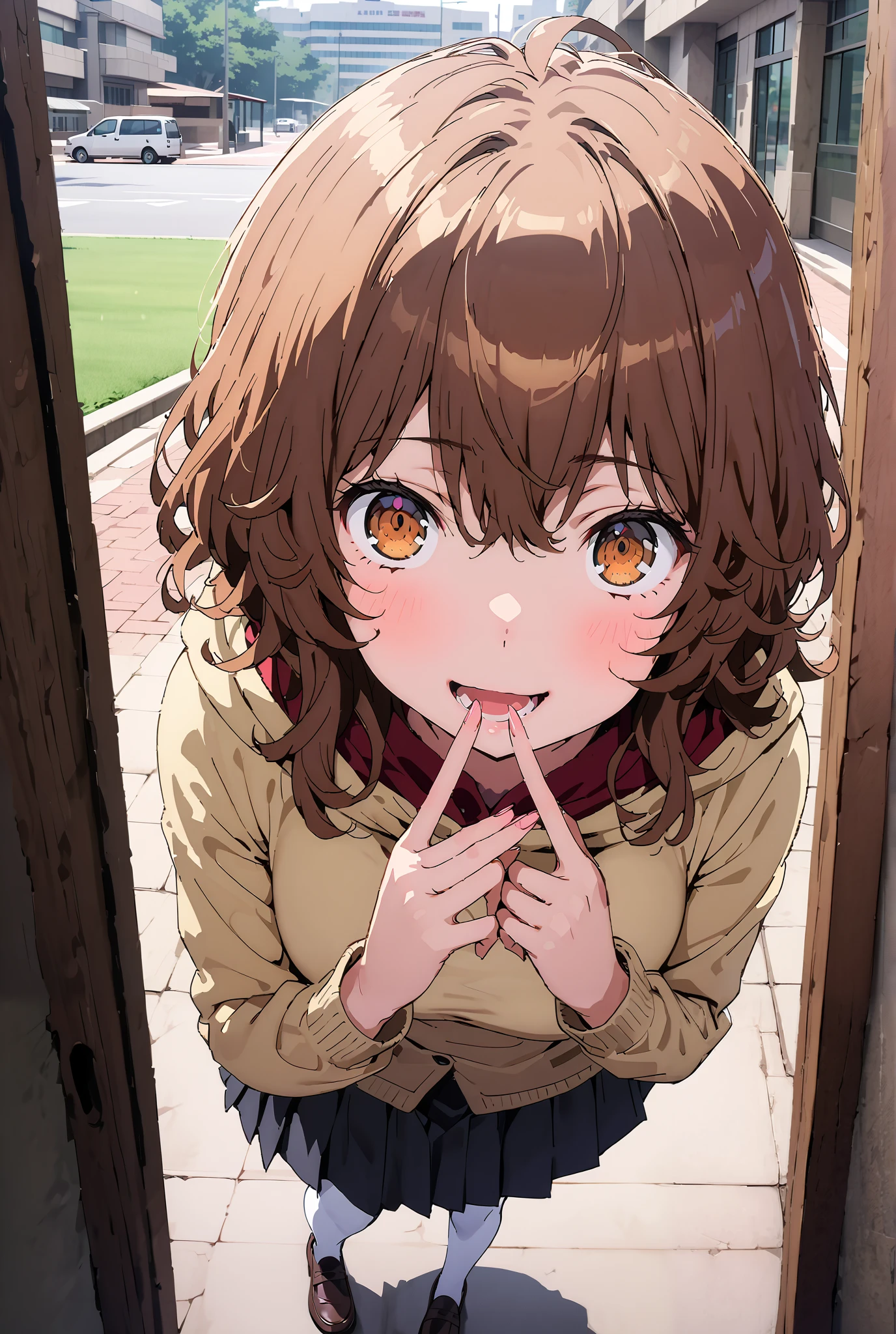 Liliru Card, Lilylka Alde, brown eyes, black cock, smile,cover,opens her mouth,short hair,White shirt,green 弓tie, yellow cardigan , black mini pleated skirt ,white pantyhose as if it were in the illustration,loafers,is walking,Beautiful cityscape,Beautiful Scenery,noon,full bodyかイラストに入るように,break indoors, School hallway ,
break looking at viewer,full body,
break (masterpiece:1.2),best quality , kampala, Unity 8K Wallpaper ,(shape:0.8),( fine, beautiful eyes :1.6),It's a person ,full body写真,CG Details , (perfect hands,complete anatomy),