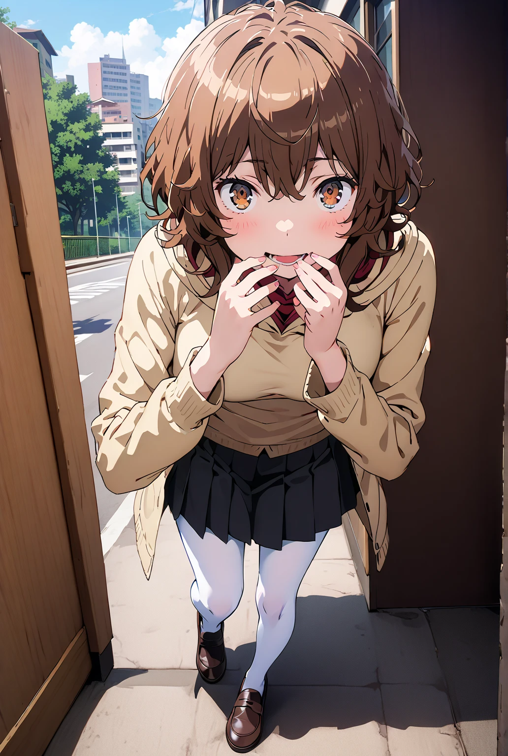 Top quality, masterpiece, High resolution, (Head to toe full body), front, frontやや下からの構図, Symmetric, Tall 18 year old girl, alone, (Head to toe), (Small breasts), Unkempt brown hair, bangs, (black tights), (Black Pantyhose), (Sit with your legs apart), (Crouching pose), (A composition showing white panties), (Her legs were spread、I see your white pants.), (I was made to sit on the floor with my legs spread..), (M-shaped legs), Thin legs, A very beautiful and tall 18 year old girl, (No shoes), blush, Shy big eyes, looking at the camera, Blazer Uniform, Checkered Pleated Skirt