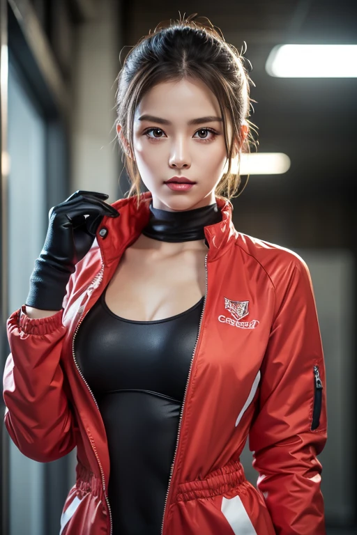 Highly detailed CG Unity 8K wallpapers,top Quority,Super detailed,tmasterpiece,realisticlying,photograph realistic,Very detailed cute girl,19 age old,musculature,Microabs,Round eyes,peeping at the viewer,Be red in the face,parted lip,Half-body shooting,
track suit , gym room,black fishnet stocking