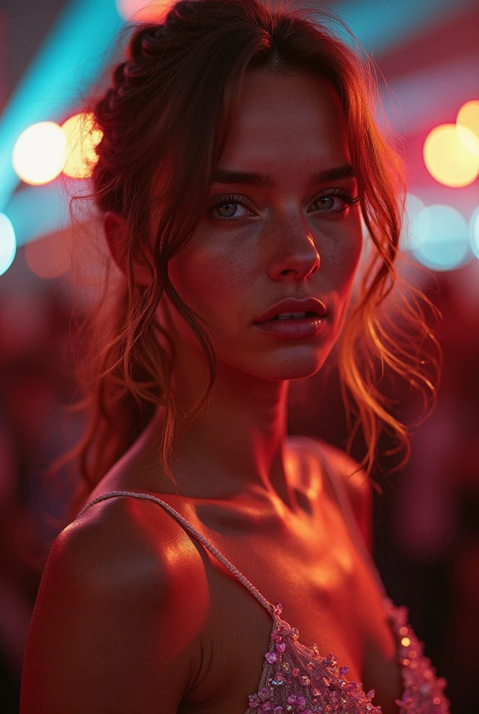 A. Ultra hot gorgeous European woman.age 23. Full body shot. Curvy body. Extra large breast. Cleavage.: with vibrant, (random wavy hair color) stands tall in a dynamic pose against a stunning, caustic-lit background of colorful paint splashes on transparent glass. Her beautiful face and eyes are perfectly rendered, with intricate details and subtle glow. The high-contrast lighting accentuates her features, while the cowboy-inspired composition adds depth and energy to the scene. The image is set against a seamless, ultra-detailed 8K RAW background.
