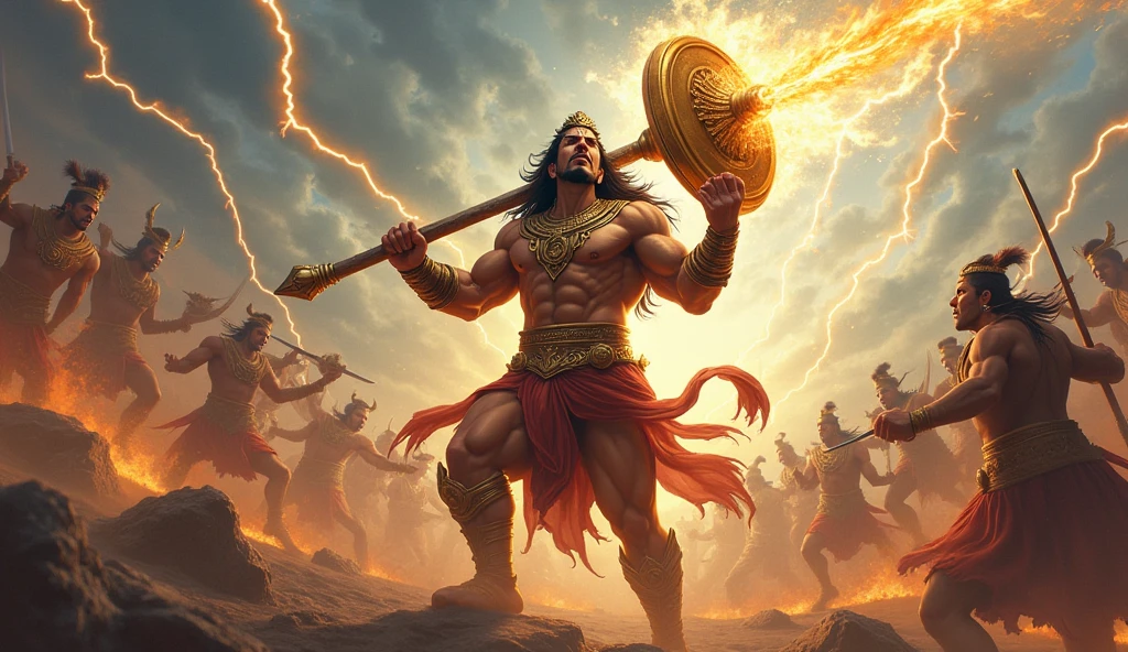 War between gods and rakshashas with good bodies and powerful weapons and ful of blood in their bodies,The gods having crowns and good cloths in their bodies but rakshashas with ugly face and no cloths in their bodies
