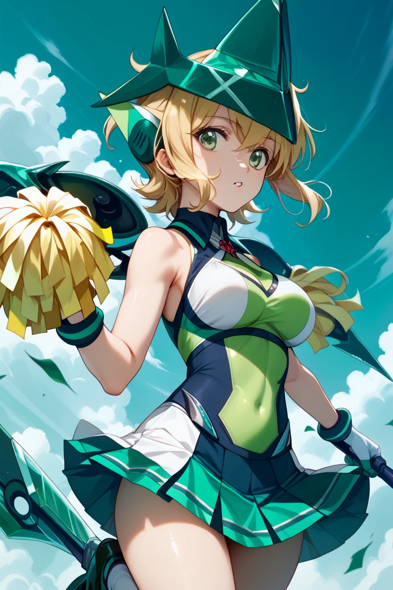 Blonde and green eyed anime girl posing for a photo, Twin tail、mesh fabric、Kirokaze pixel art,No background、white leotard、sexual activity、show the underboob、off-the-shoulder clothes、pitchy suit、Removable sleeves, (White Background:1.2), Simple Background,  trihedral figure、Reference Sheet, Shadow lighting,