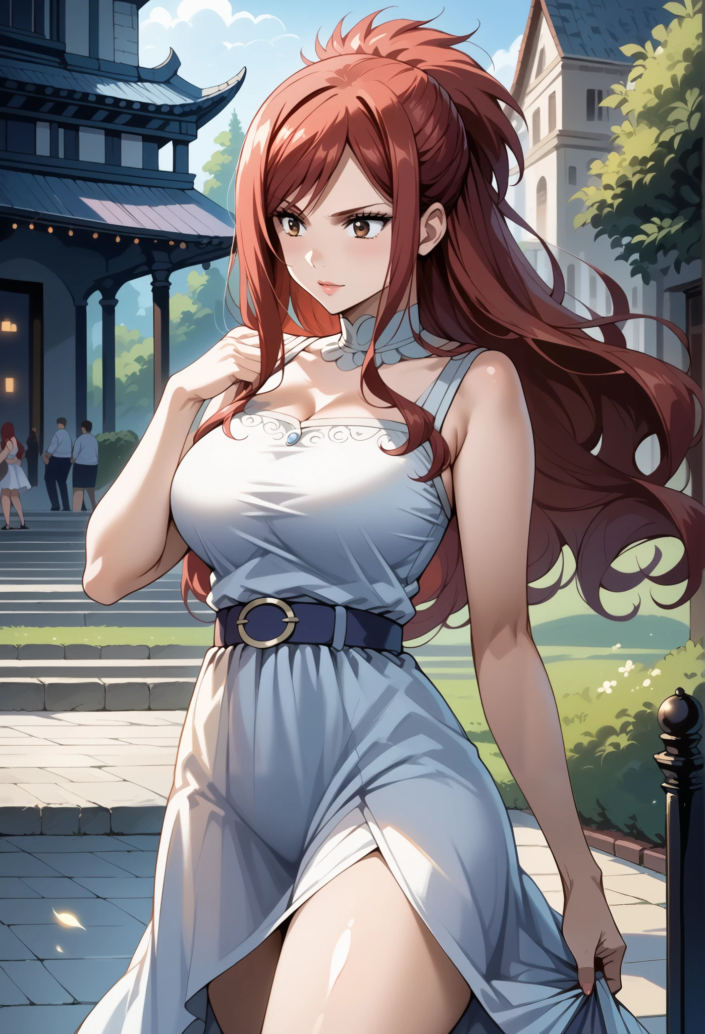 score_9, score_8_up, score_7_up, source_anime, 4K,perfect fingers,(perfect hands, perfect anatomy),prefect lighting, very aesthetic, intricate details,highly detailed background, masterpiece, high quality, best quality, high resolution,
1 girl,solo,erza knightwalker, red hair, brown eyes, long hair, straight hair,mature female,large breast,,
wearing ((casual dress, )),,
detailed background, Outdoors, sunlight, 2 scenes, Comic Page, Public Exposure、Spectacle, Onlookers、bald middle-aged fat man,