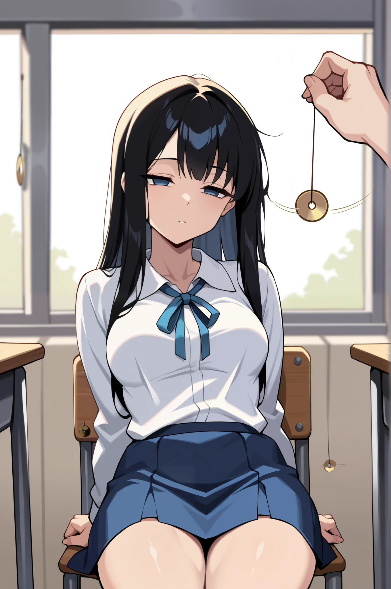 (masterpiece, ultra high definition, 16k, RAW photo, intricate), sharp focus, crisp details, 1girl , long hair, glossy straight black hair, silky smooth straight hair, blue eyes, medium breasts, school uniform, white shirt, blue neck ribbon, blue skirt, (One Pendulum , Pendulum before her face:1.5), (Swinging pendulum, another person's hand holds the pendulum), motion line, motion Effect, (The girl stares straight at the pendulum), Classroom at a School with No One, school chair, sitting chair, (reclining, arms side of body, relaxed arm), no pupils, half closed eyes, (Sleepy eyes), (cowboy shot), blur the background