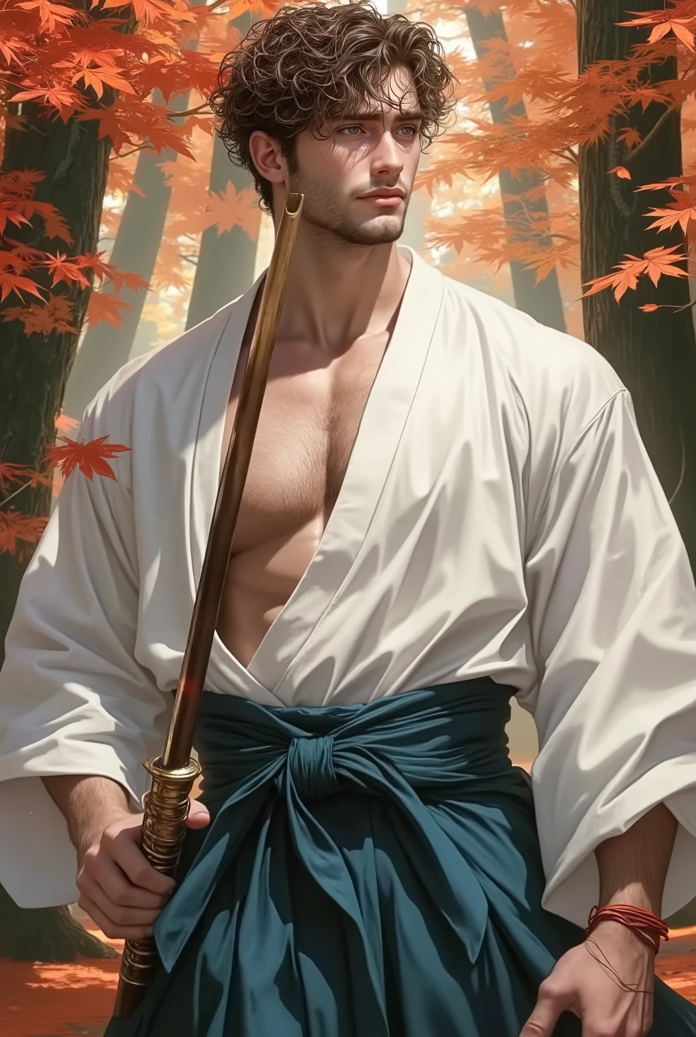 a 29-year-old man , 1.80 cm meters high, I bet, Male, kendo (kimono blanco sólido abierto en la parte superior y una larga skirt maxi azul marino de cintura alta (skirt, Also) with obi:1.4), sweat, ( short and very curly brown hair :1.2), Bright emerald green eyes, Short brown beard , a red rope per belt, a wooden katana in his hand, a beautiful forest in autumn with red leaves, orange and gold floating in the air, piel blanca, shy smile, Strong and hairy chest , 8K quality.