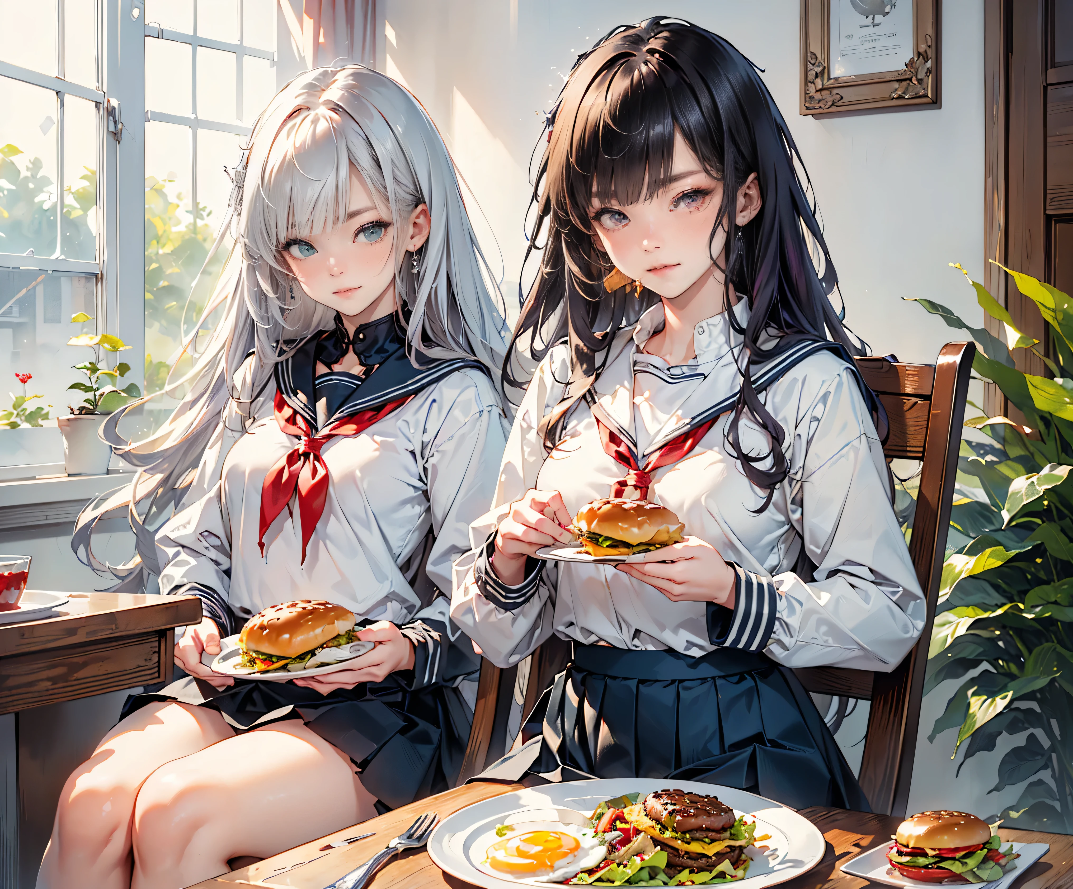 Highest quality, 8K, Highest quality, ((High girl with odd eyes)), ((Heterochromia, Red Eyes, Green Eyes)), ((Sparkling, Detailed)), (Very Detailed Eyes), (Long Platinum and Purple Hair), Princess Cut, ((Translucent, Shining White Skin)), Glossy Skin, Very White Skin, ((Very Small Breasts)), ((Mole on Chest)), (Anatomically Correct), ((Wearing a Dark Blue Long Sleeve Sailor Uniform)), ((Wearing a Dark Blue Flared Skirt)), ((Sitting on a Dining Chair Eating a hamburger Placed on a Plate on a Table)), ((Fried Egg and Vegetable Salad on a Table)), Eating a hamburger, Dark Blue Long Sleeve Sailor Uniform, Knee-length Stockings, Detailed Description down to the Fingertips, Smiling, Very Beautiful.