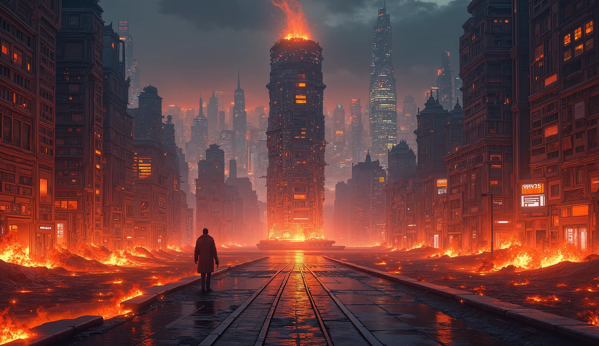 8,000 , masterpiece ,Highest Quality, Close shot,symmetry,Ground view, and no figures,night,Cyberpunk city surrounded by fire,Building on fire