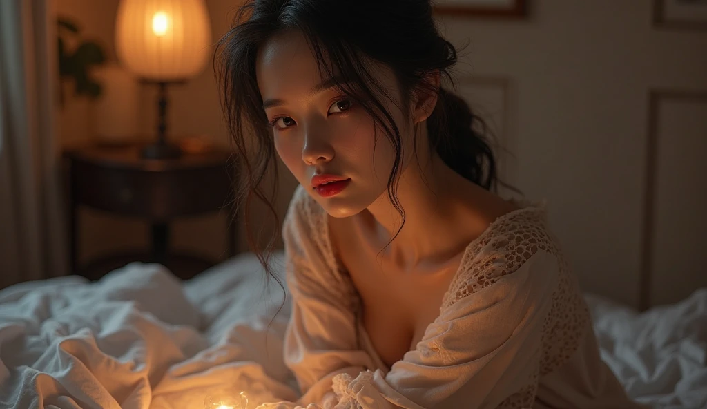 (grace mckenna:madi teeuws:cameron richardson:0.5), (1girl, 17yo, beautiful detailed eyes, beautiful detailed lips, extremely detailed eyes and face, long eyelashes, , innocent, shy, nervous, blushing, wearing revealing pajamas, accidentally exposed pussy:1.3, transparent nightgown, nipple pokies, laying in bed, on her tummy, looking back over her shoulder, daddy tucking her in, wants his eyes on her body, biting her lip, staring at his crotch, longing look, desire, urges, intimate, sensual, cinematic lighting, romantic, soft colors, warm tones, tender, delicate, intimate, erotic, taboo), full body shot:1.3, at night, lights off, ambient moonlight, best rear pov atmosfera erotica 