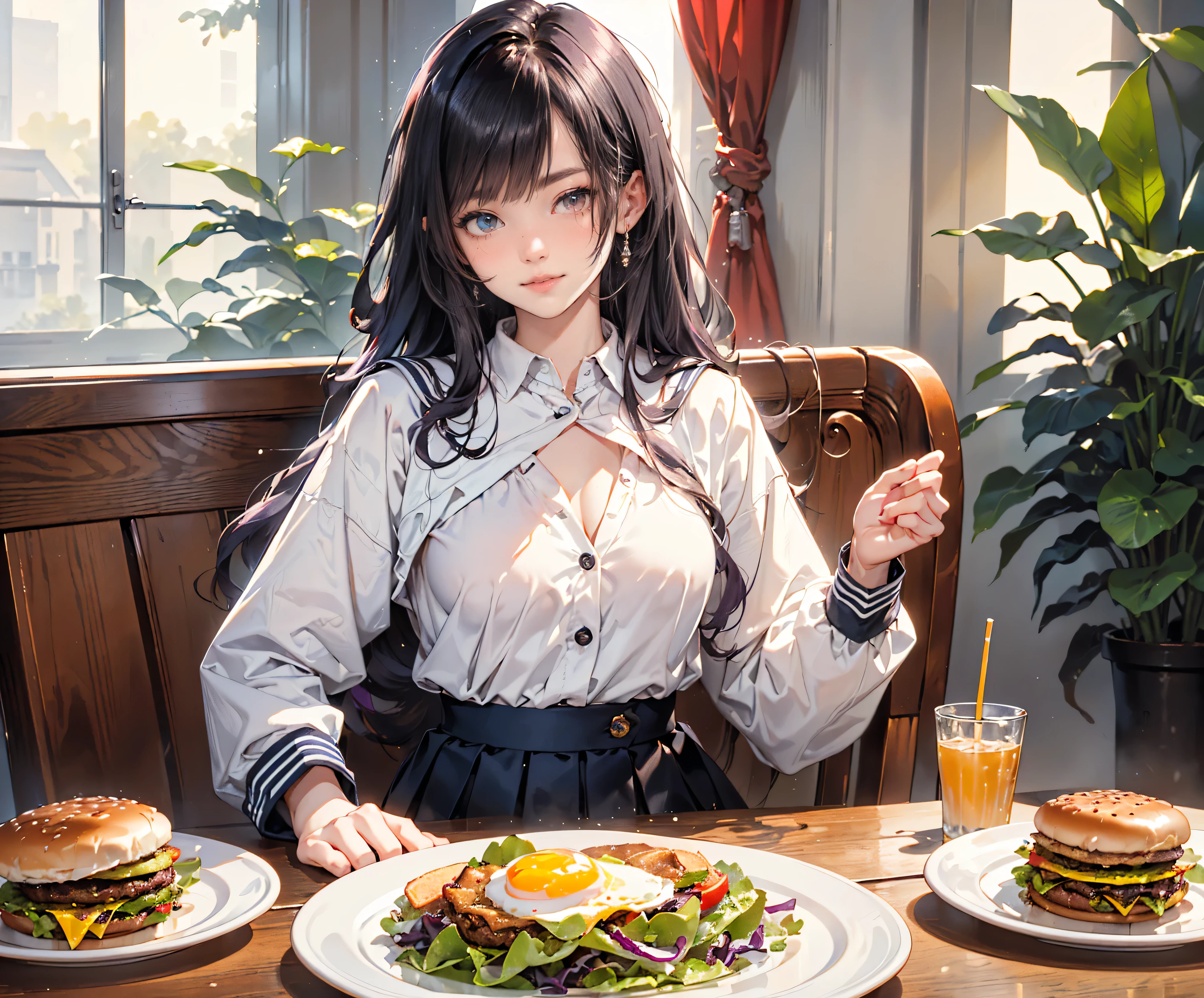 Highest quality, 8K, Highest quality, ((High school girl with odd eyes)), ((Heterochromia, Red Eyes, Green Eyes)), ((Sparkling, Detailed)), (Very Detailed Eyes), (Long Platinum and Purple Hair), Princess Cut, ((Translucent, Shining White Skin)), Glossy Skin, Very White Skin, ((Very Small Breasts)), ((Mole on Chest)), (Anatomically Correct), ((Wearing a Dark Blue Long Sleeve Sailor Uniform)), ((Wearing a Dark Blue Flared Skirt)), ((Sitting on a Dining Chair Eating a hamburger Placed on a Plate on a Table)), ((Fried Egg and Vegetable Salad on a Table)), Eating a hamburger, Dark Blue Long Sleeve Sailor Uniform, Knee-length Stockings, Detailed Description down to the Fingertips, Smiling, Very Beautiful.