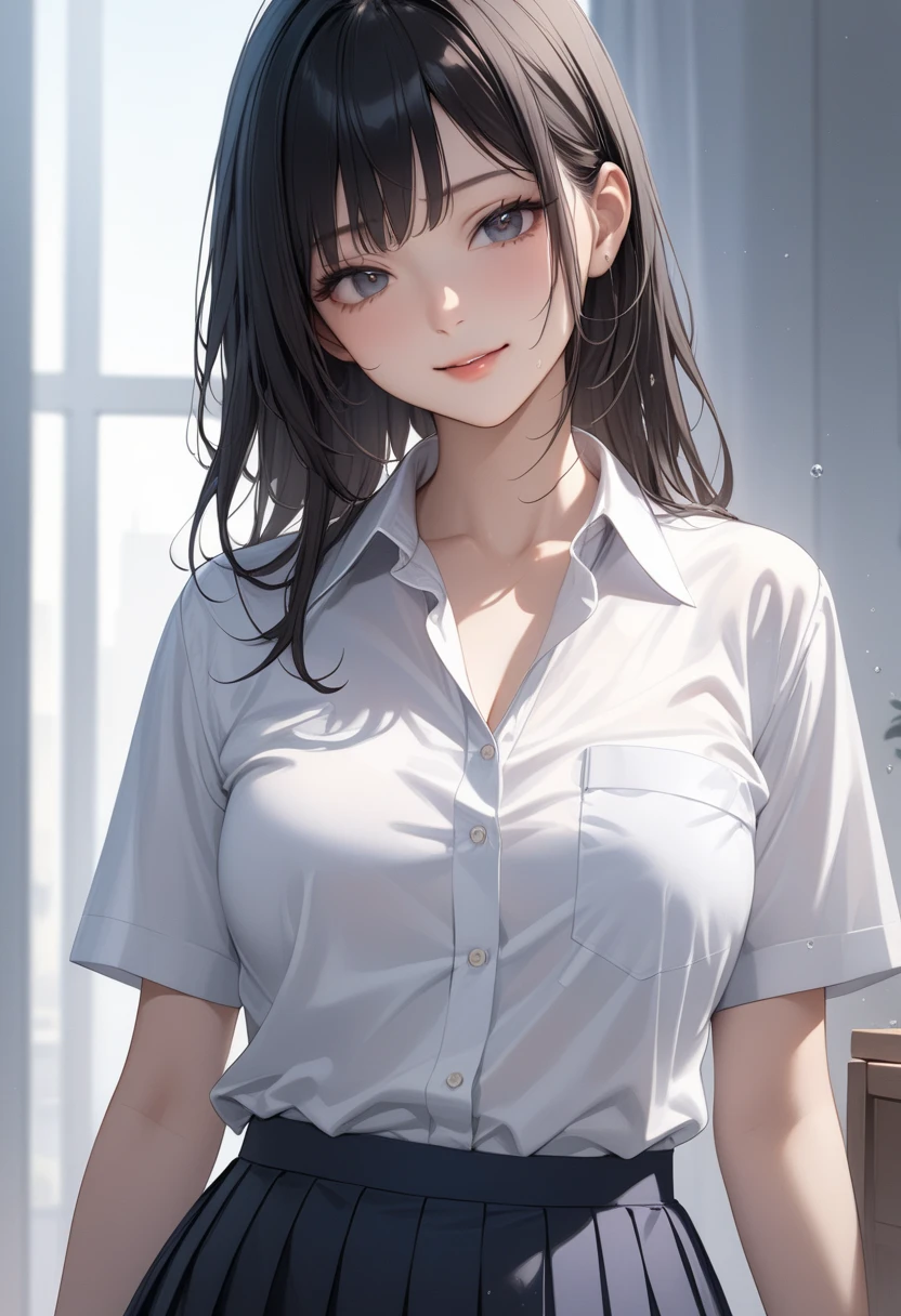 Indoor Hospital, 1 Female Soloner, /(Simple uniform/) /(Black medium hair/) Hair UP, blush gentle smile, (masterpiece best quality:1.3) Delicate illustrations ultra-detailed high resolution, Large breasts