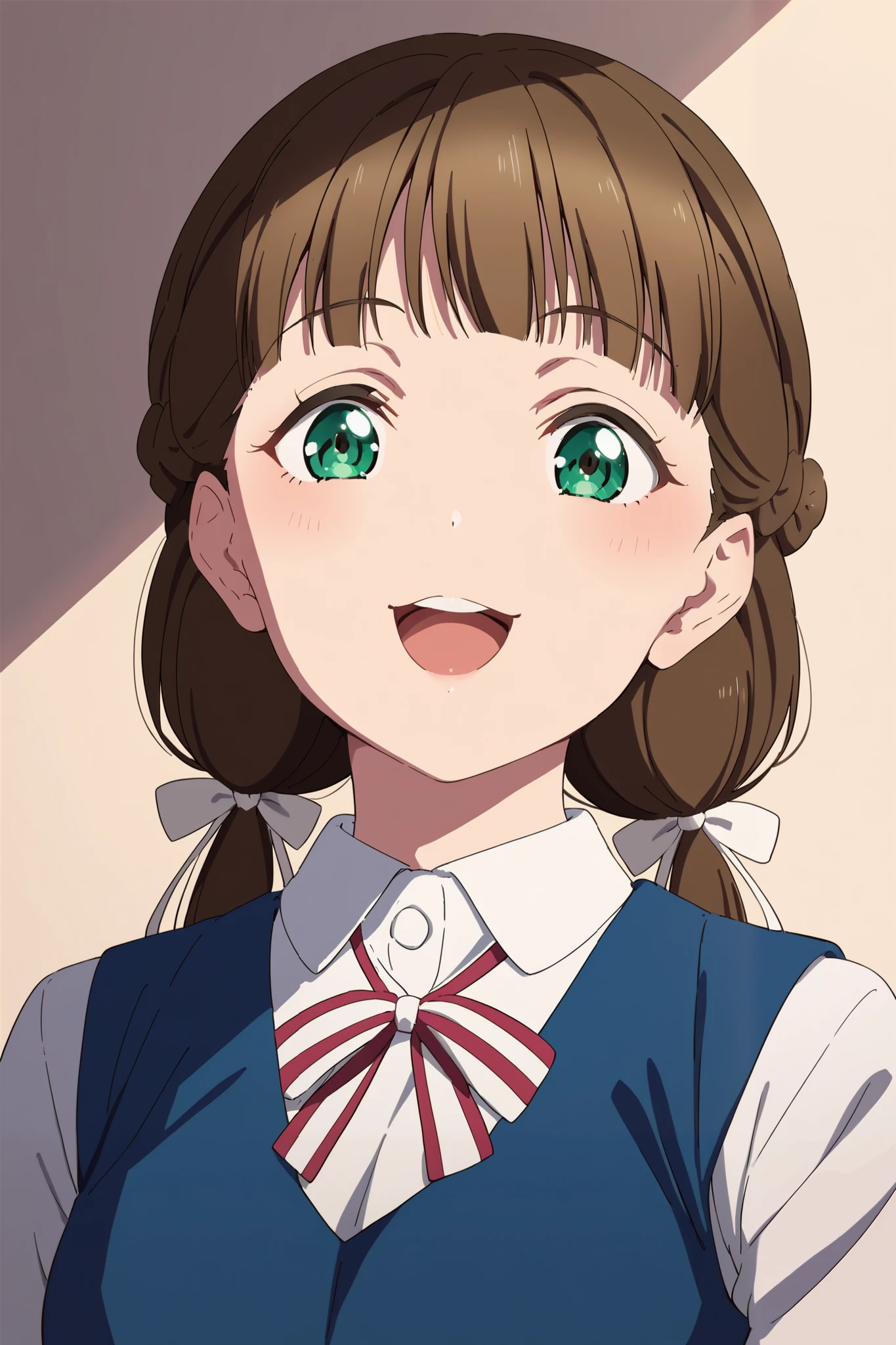 source _animé, 1girl, kinako sakurakouji, pelo largo, golpes, brown hair, low twintails, eye focus, detailed eyes, green eyes, hair, trenza, low twintails, medium bust, medium sized, sexy body, happy, white ribbons, school uniform, yuigaoka school uniform, blue uniform, love live, anime style, idol anime, full body