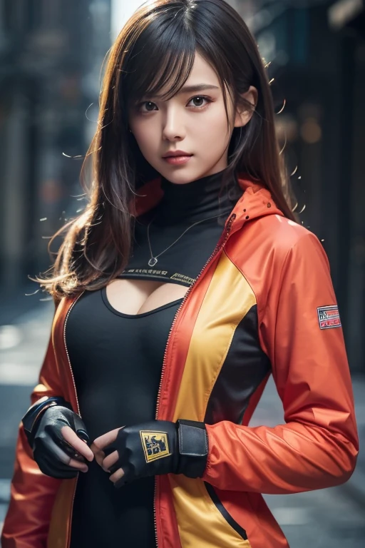 Yang Xiaolong (\RWBY\), 1 girl, highest quality, be familiar with, masterpiece, High resolution, sharp: 1.2, perfect bodyの美しさ: 1.4, slim abs: 1.2, 非常にbe familiar with顔と肌の質感, fine eyes, double eyelid, looking at camera, purple eyes, long hair, forest background, perfect lighting,(bright), leather jacket, hyper realism, Thighhighs, RWBY, wavy bright golden hair, Mechanical gauntlet, tan shorts, orange neckband, brown belt, Yang Xiaolong,perfect body,(lie:1.3)