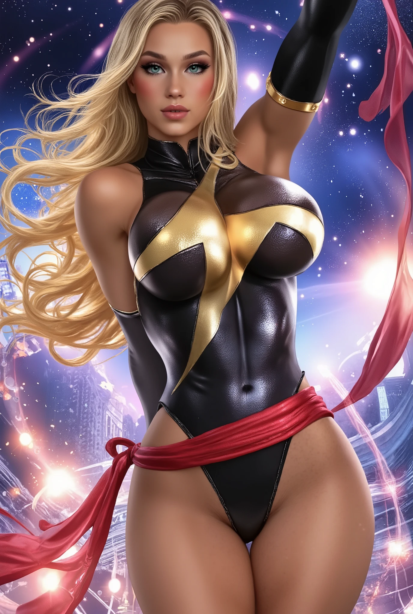 (Masterpiece, 4k resolution, ultra-realistic, very detailed) sexy Mary Marvel (DC comics) black outfit ponytail full body in the style of realism, glistening skin, , natural lighting, Defined full lips. fitness feminine body. in the style of realism, glistening skin, , natural lighting, Defined full lips. fitness feminine body lighting powers (ariana grande)