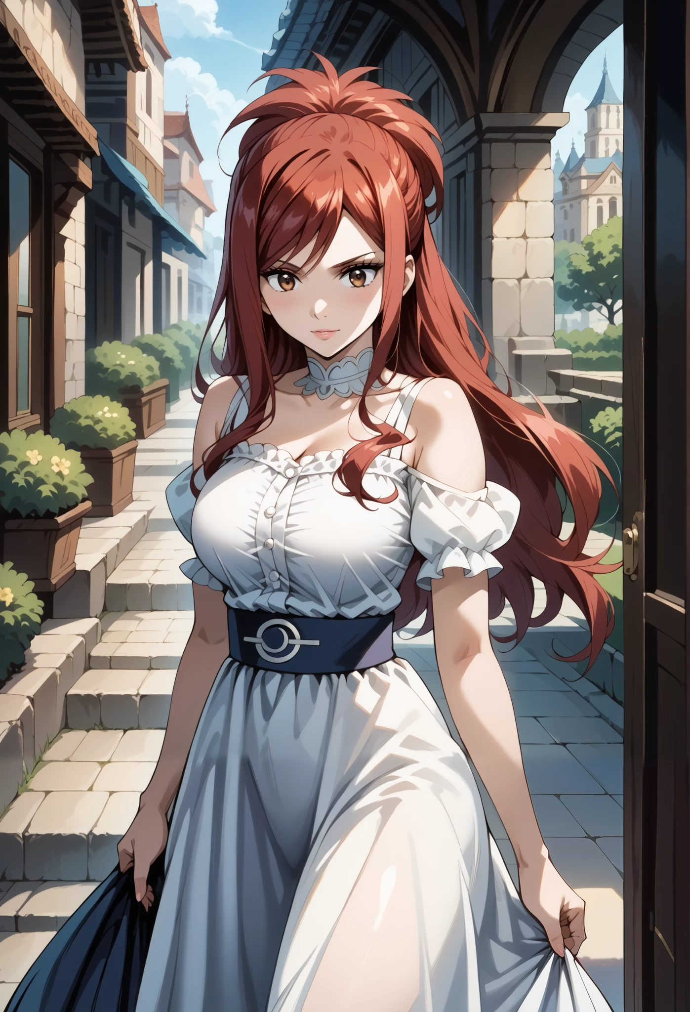 score_9, score_8_up, score_7_up, source_anime, 4K,perfect fingers,(perfect hands, perfect anatomy),prefect lighting, very aesthetic, intricate details,highly detailed background, masterpiece, high quality, best quality, high resolution,
1 girl,solo,erza knightwalker, red hair, brown eyes, long hair, straight hair,mature female,large breast,,
wearing ((casual dress, frills,ornate clothing, )),,
detailed background, Outdoors, sunlight, 2 scenes, Comic Page, Public Exposure、Spectacle, Onlookers、bald middle-aged fat man,