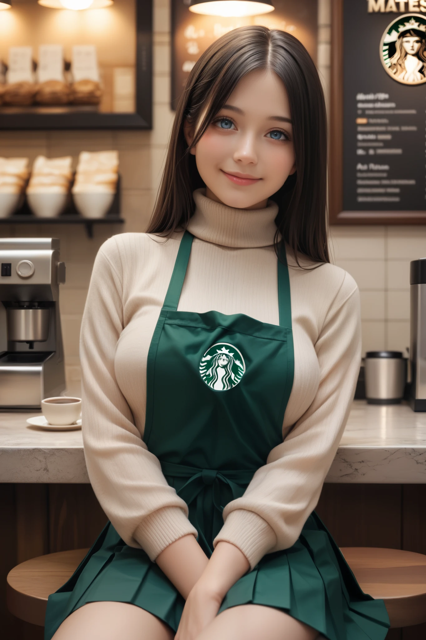 ((best quality)),((masterpiece)),(detailed),(black hair:1.3),(Light brown turtleneck sweater:1.3),(pleated skirt,a girl she has one coffee cup:1.2),(Large and shapely breasts),(Photograph from head to knee:1.3),from below,drooping eyes,smile,blush,blue eyes,(beautiful girl wearing a Starbucks apron),1 girl,young woman,hermoso body,Beautiful nose,Beautiful character design,perfect eyes,perfect face,expressive eyes,looking at viewer,(superior body),(Focus on her face),loafers,An empty cafe,