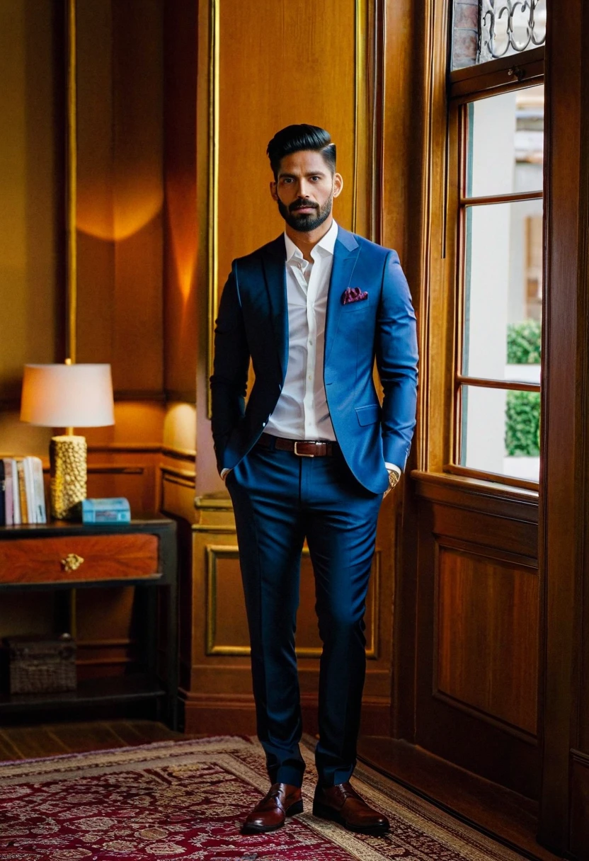 Homem elegante, na casa dos 50 anos, maduro, cabelo preto escuro, cabelos lisos curtos, hair up to neck height, olhos alaranjados, tapa-olho preto, blusa social cinza, blusa escura por baixo, purple scarf on tie, gray dress pants, sapato social preto, bengala cor de marfim, sorrindo discretamente, homem musculoso,  Interior scenery of a ship, beautiful man.