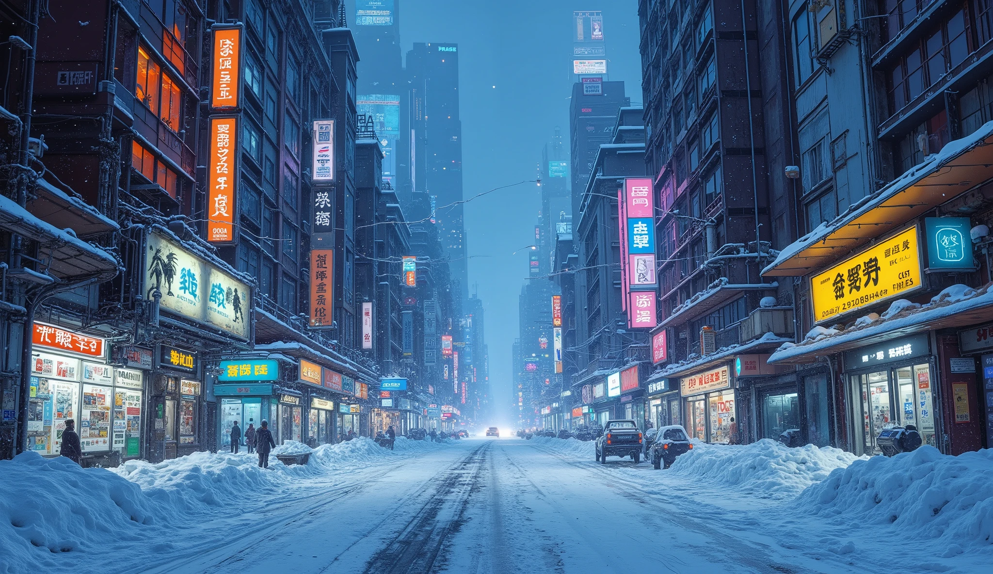 8,000 , masterpiece ,Highest Quality, Close shot,symmetry,Ground view, and no figures,night,The cyberpunk city is covered in thick snow and ice,