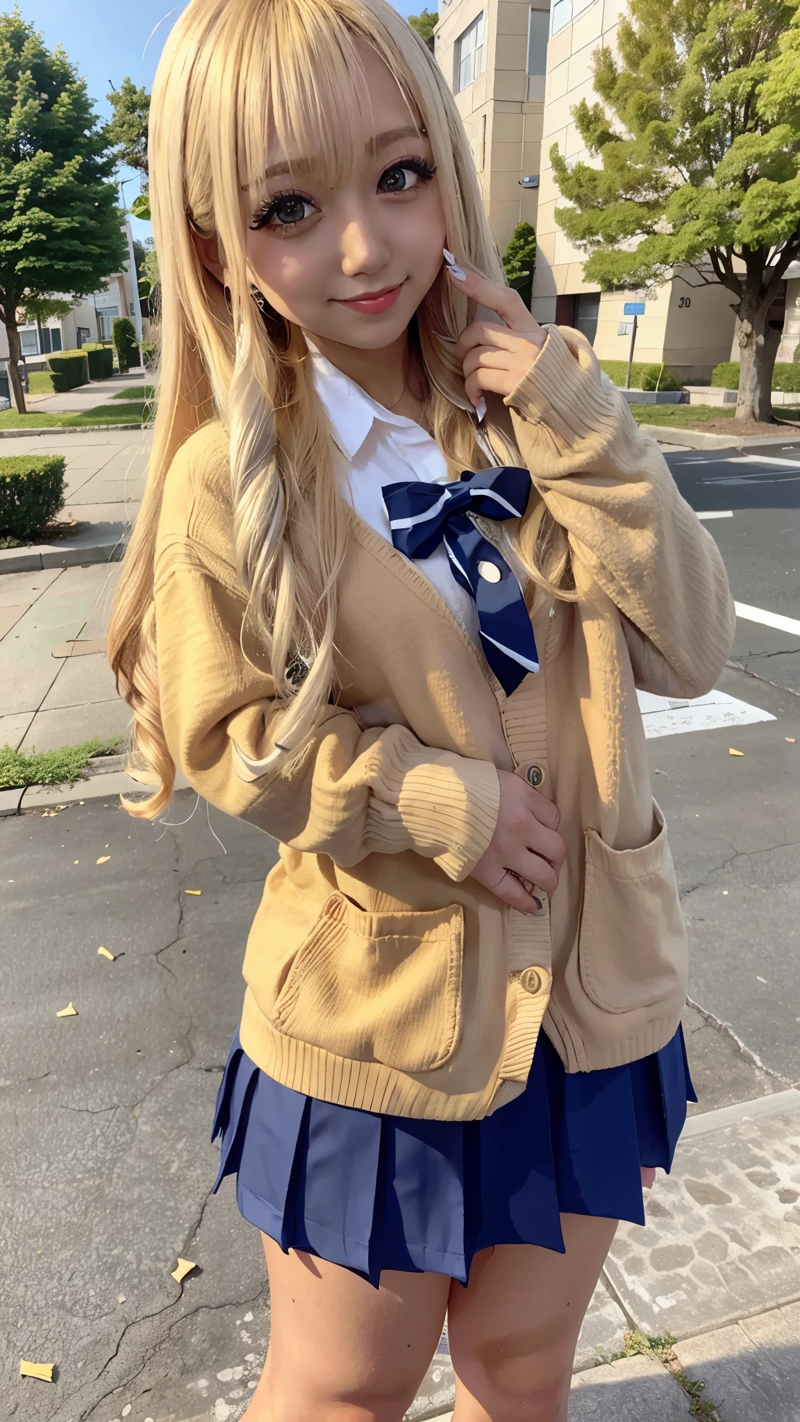 school grounds、A cute blond high school girl is standing、uniform、smiling、curly hair、 false eyelashes、Nail