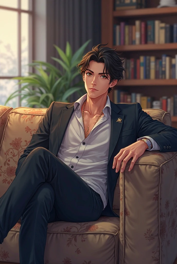 tall muscular,Style image of man sitting on sofa, male people、Adults、a handsome、tall muscular man、broad shoulder、Detailed eyes and detailed face、top-quality, masterpiece, hight resolution, Male Focus、coat、sit on sofa、Mystical lighting、Ethereal Atmosphere、dressed casually, jaket、JINS、closed clothes、natural soft light、darker shadows、Living Loo、Move ki、Refreshing、short-haired、turtle neck、adjacent、Across、Cool、Look to the side、jeans、