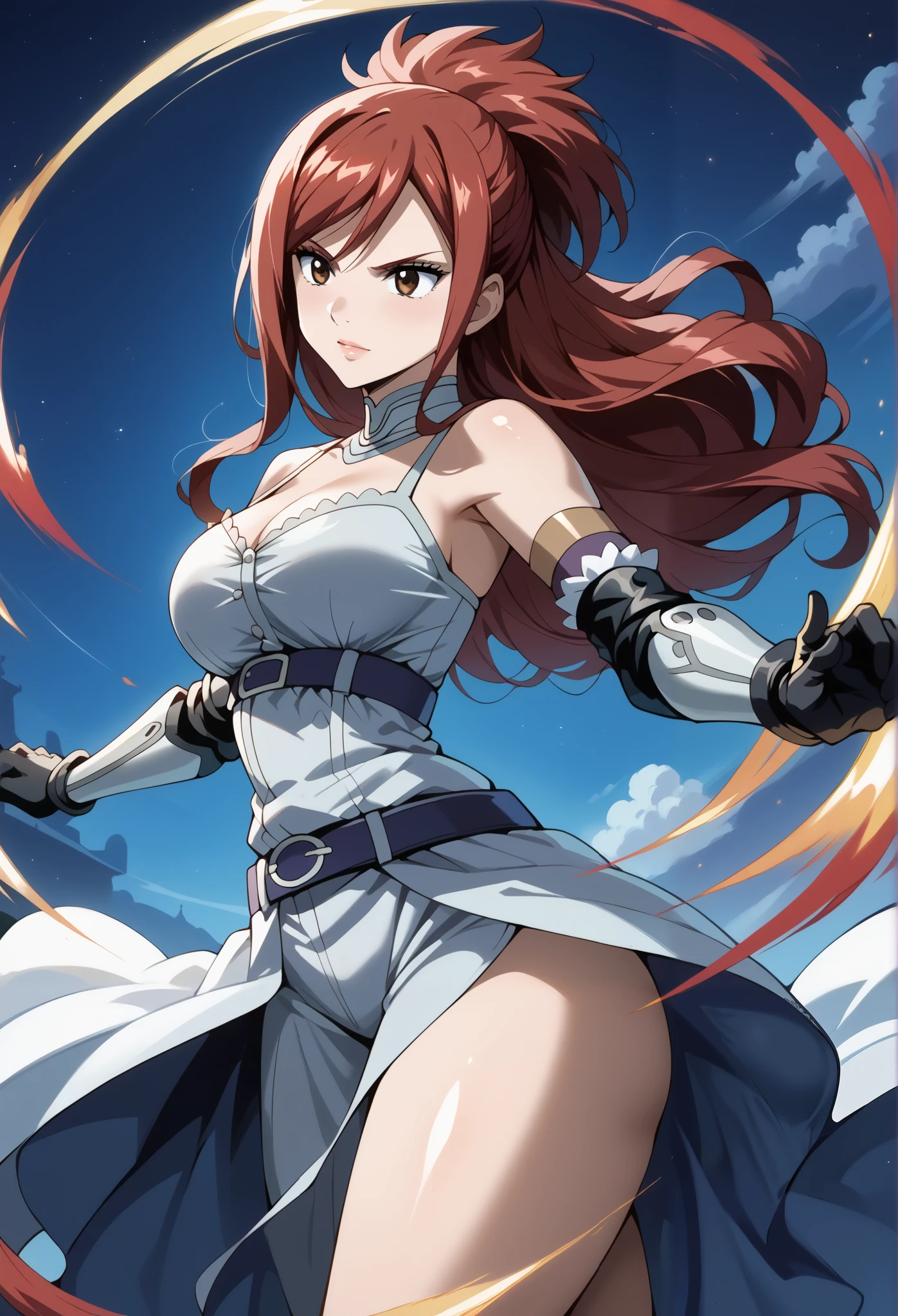 score_9, score_8_up, score_7_up, source_anime, 4K,perfect fingers,(perfect hands, perfect anatomy),prefect lighting, very aesthetic, intricate details,highly detailed background, masterpiece, high quality, best quality, high resolution,
1 girl,solo,erza knightwalker, red hair, brown eyes, long hair, straight hair,mature female,large breast,,
wearing ((casual dress, frills,ornate clothing, )),,
action pose,