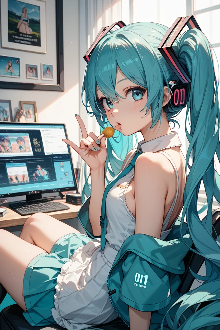 Hatsune Miku in a swimsuit studying in her room while listening to music with headphones、Warm lighting、Outside the room is a night view、Japanese anime style