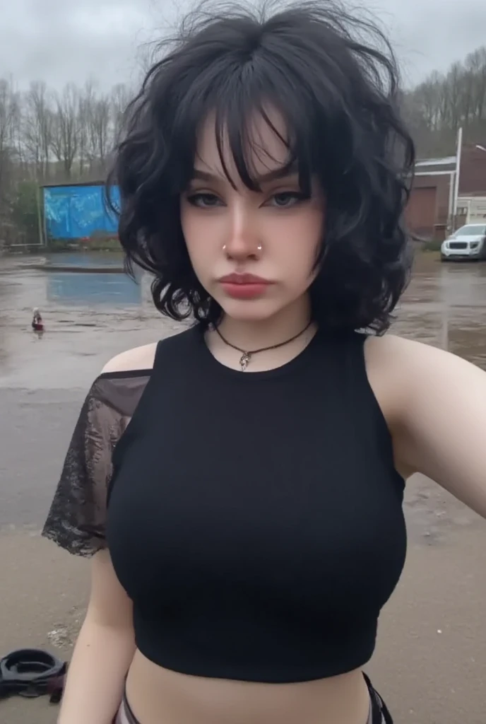 ((WITHOUT TATTOO)), (((PUNK HAIRCUT))), A girl with a very fat bbw body naked in the middle of a dilapidated bridge, ((NECK LACE)), ((GOTH GIRL BLACK LIPS)).