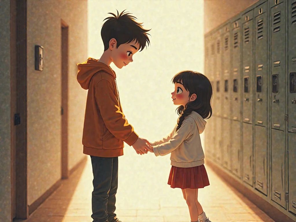 The pose shows two characters standing facing each other. The male character on the left, a blond, blue-eyed 13-year-old boy, is giving a thumbs-up gesture with his right hand, smiling confidently. The female character, a on the right, has her left arm wrapped around the male character's arm while her right hand rests on her chin, with a thoughtful expression. Both characters are rendered in 3D using Blender, and are designed in a Pixar style. The male character is wearing a dark blue sweatshirt, blue jeans, and black shoes, and the female character is dressed in a blue sweatshirt, a plaid skirt, white tights, and black shoes. The background is a district school in Bogota, and the rendering is high definition, highly detailed, and high quality.